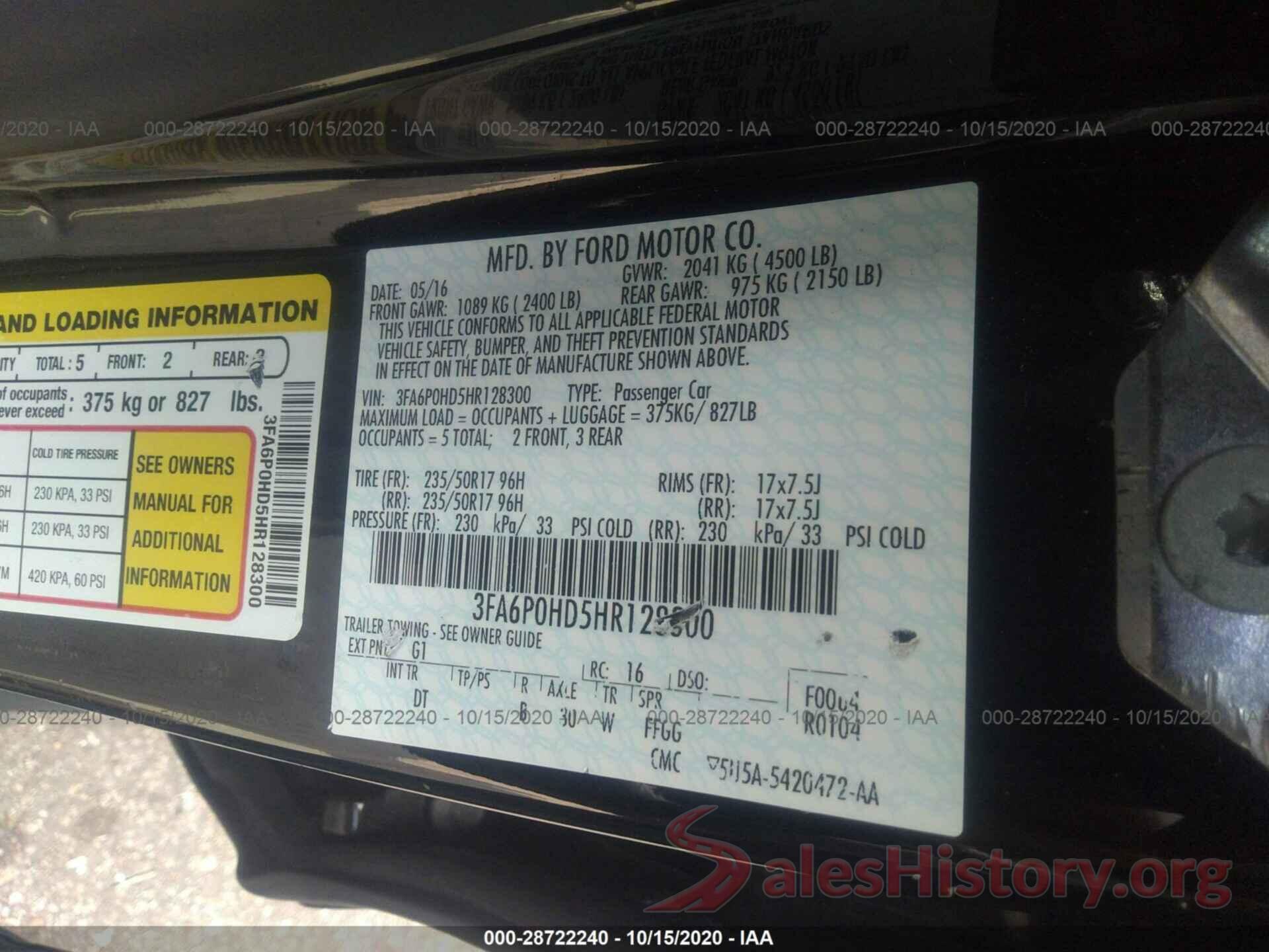 3FA6P0HD5HR128300 2017 FORD FUSION