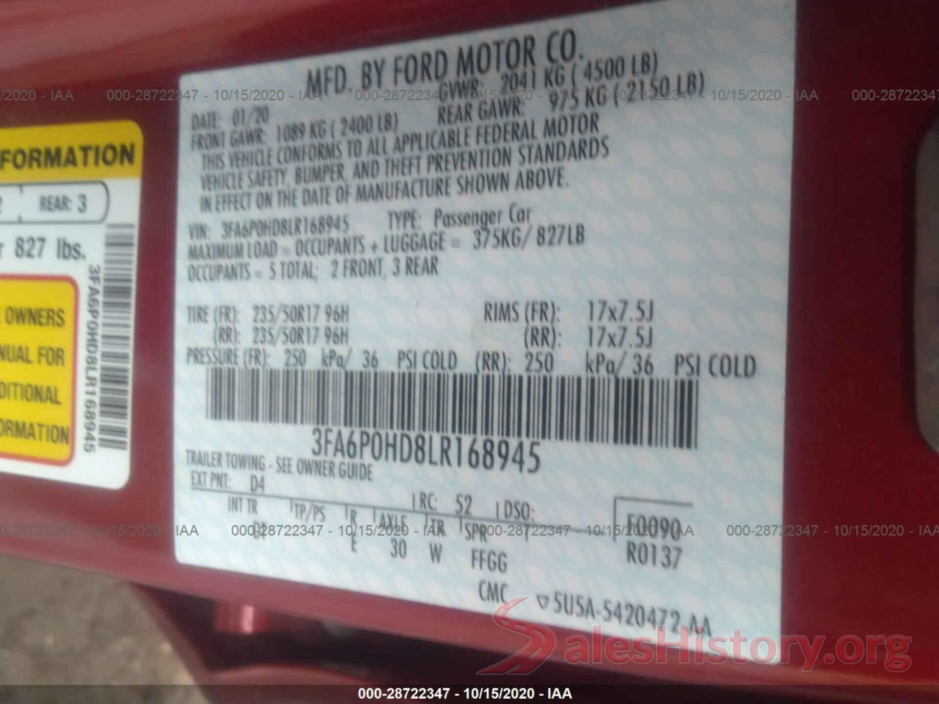 3FA6P0HD8LR168945 2020 FORD FUSION