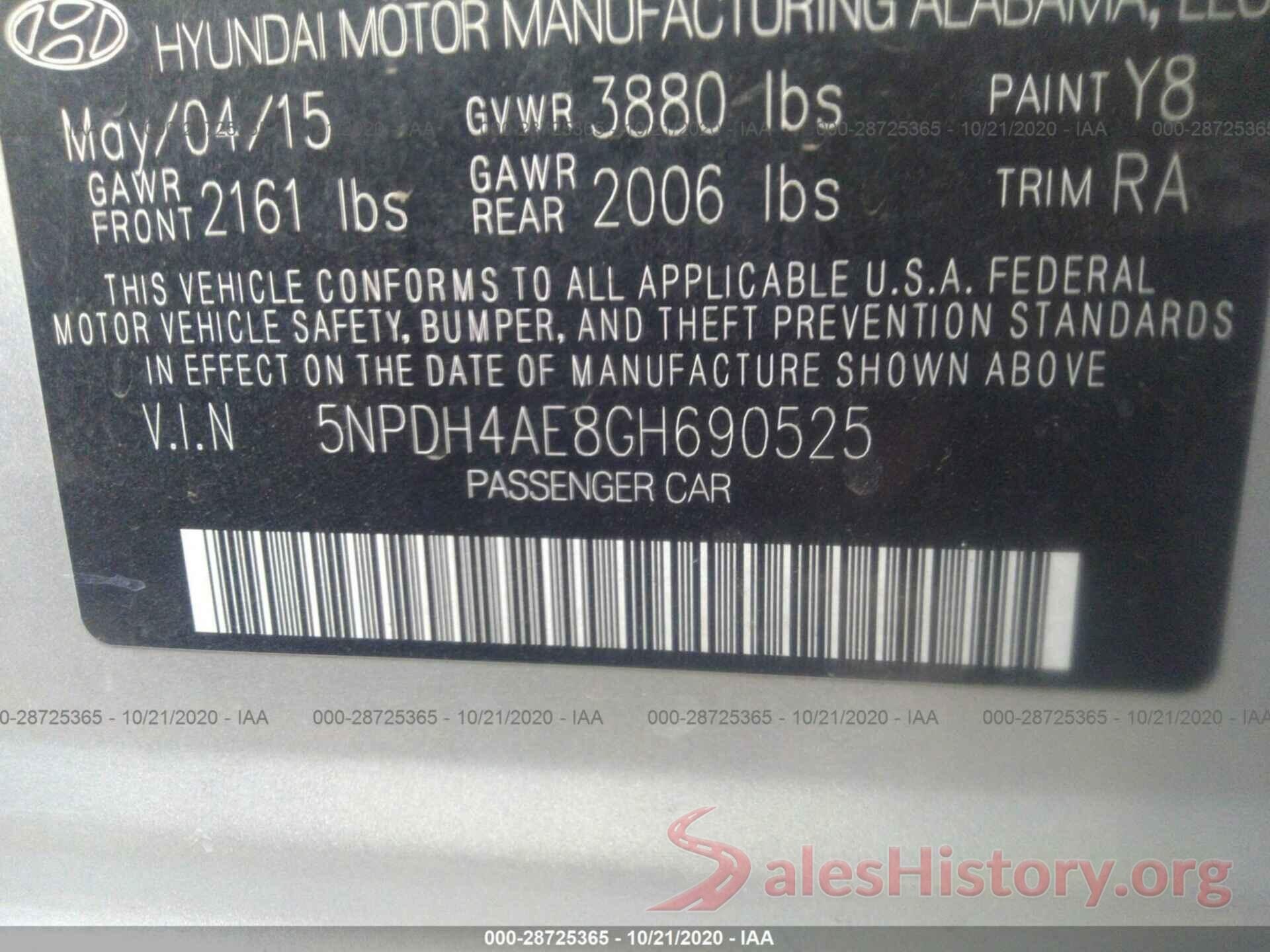 5NPDH4AE8GH690525 2016 HYUNDAI ELANTRA