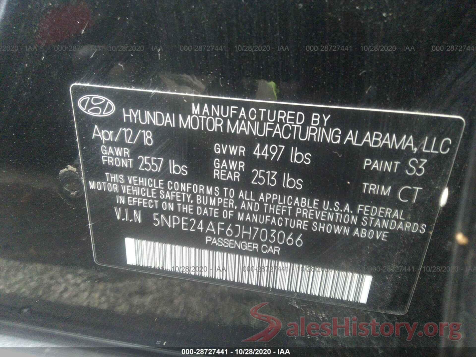 5NPE24AF6JH703066 2018 HYUNDAI SONATA