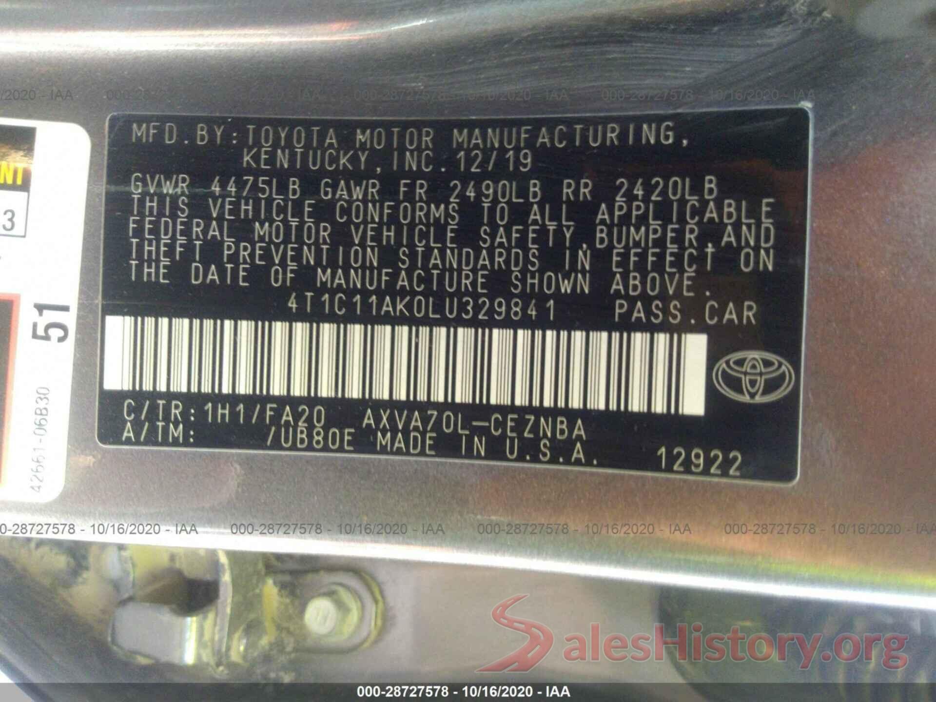 4T1C11AK0LU329841 2020 TOYOTA CAMRY