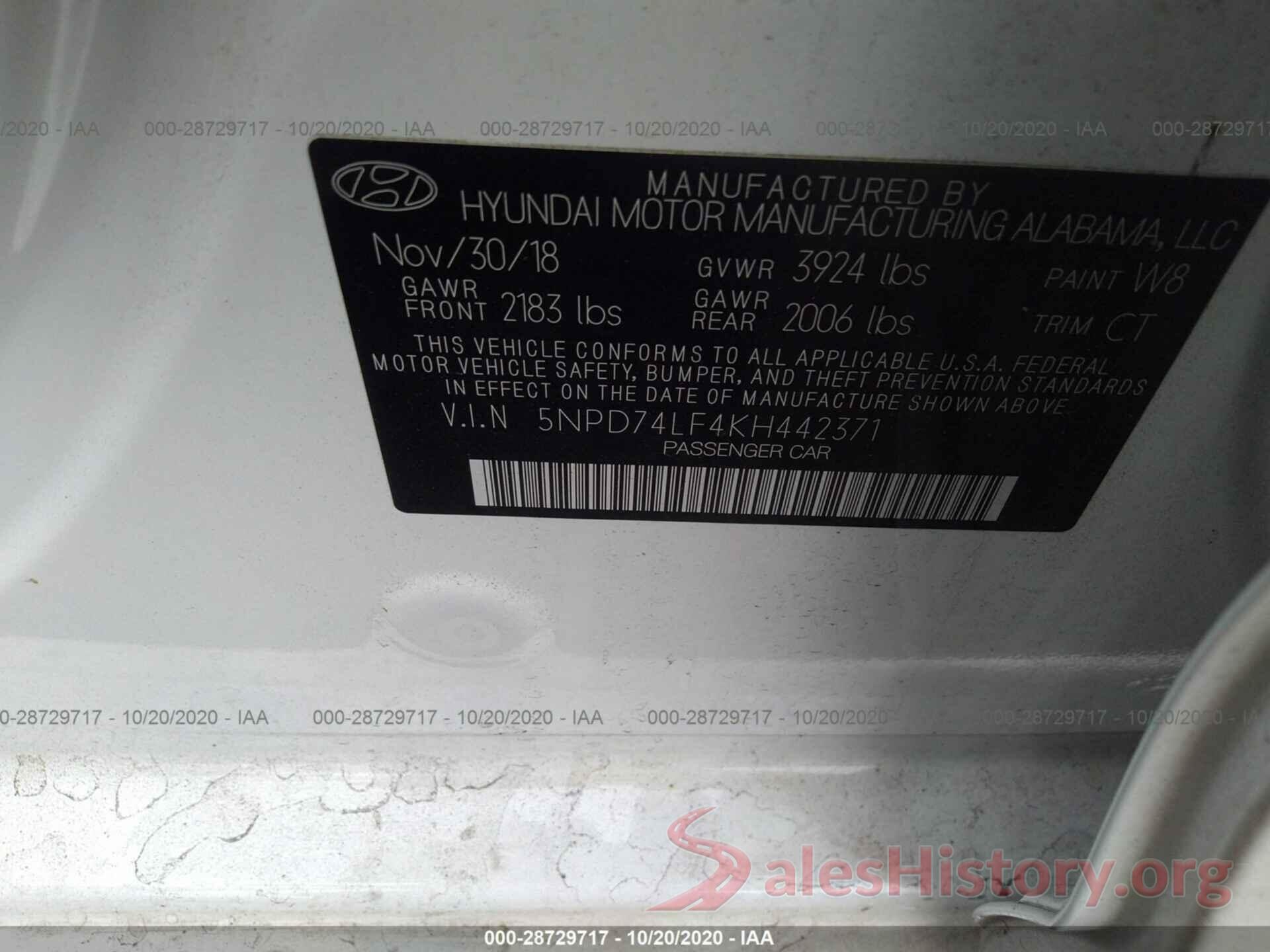 5NPD74LF4KH442371 2019 HYUNDAI ELANTRA