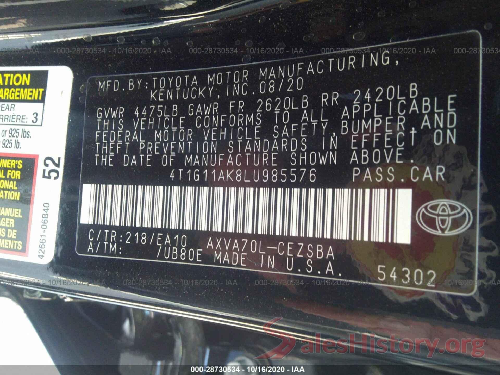 4T1G11AK8LU985576 2020 TOYOTA CAMRY