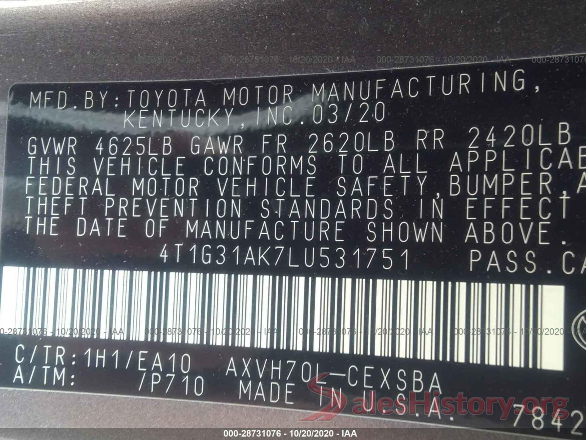 4T1G31AK7LU531751 2020 TOYOTA CAMRY