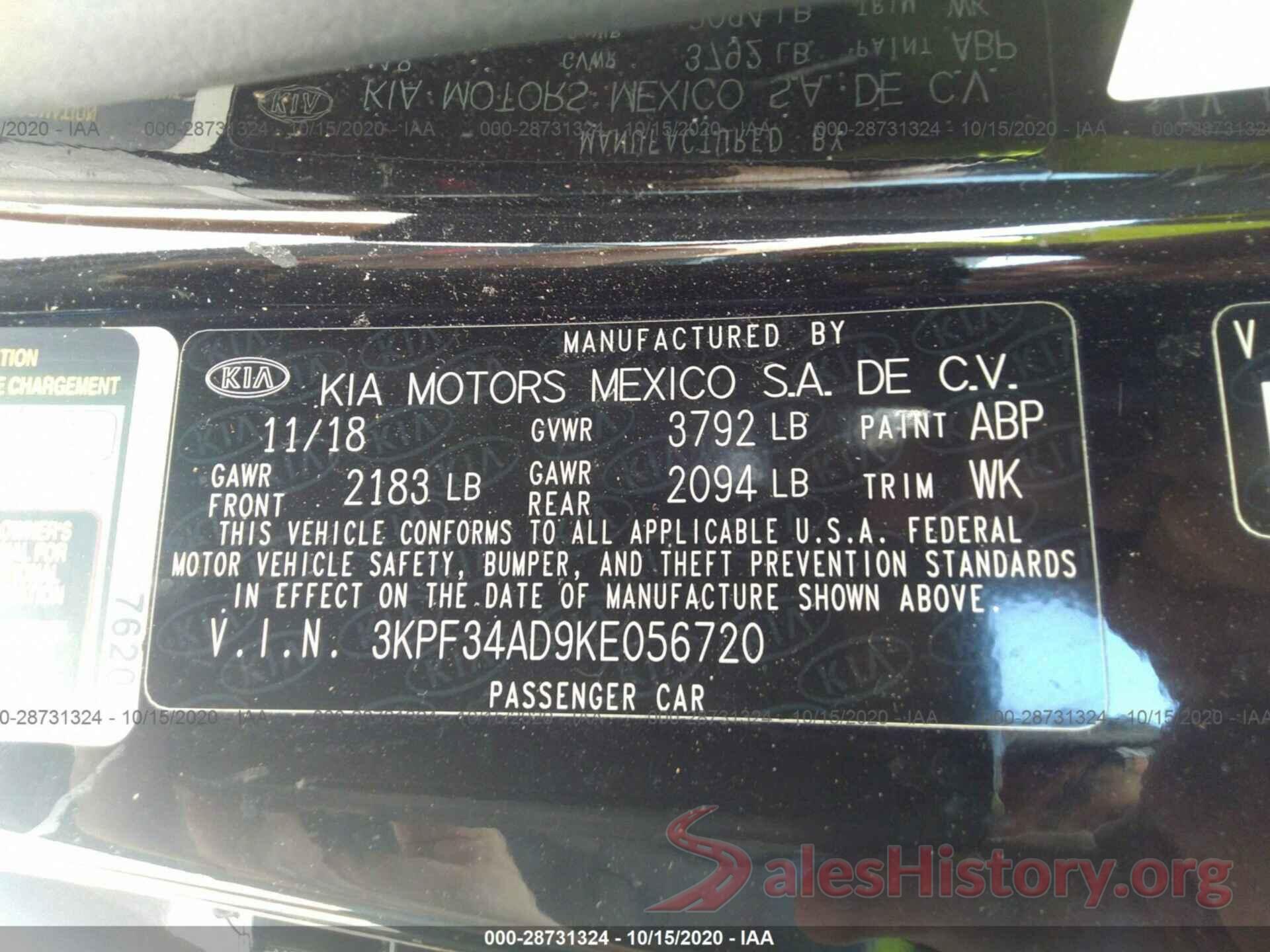 3KPF34AD9KE056720 2019 KIA FORTE