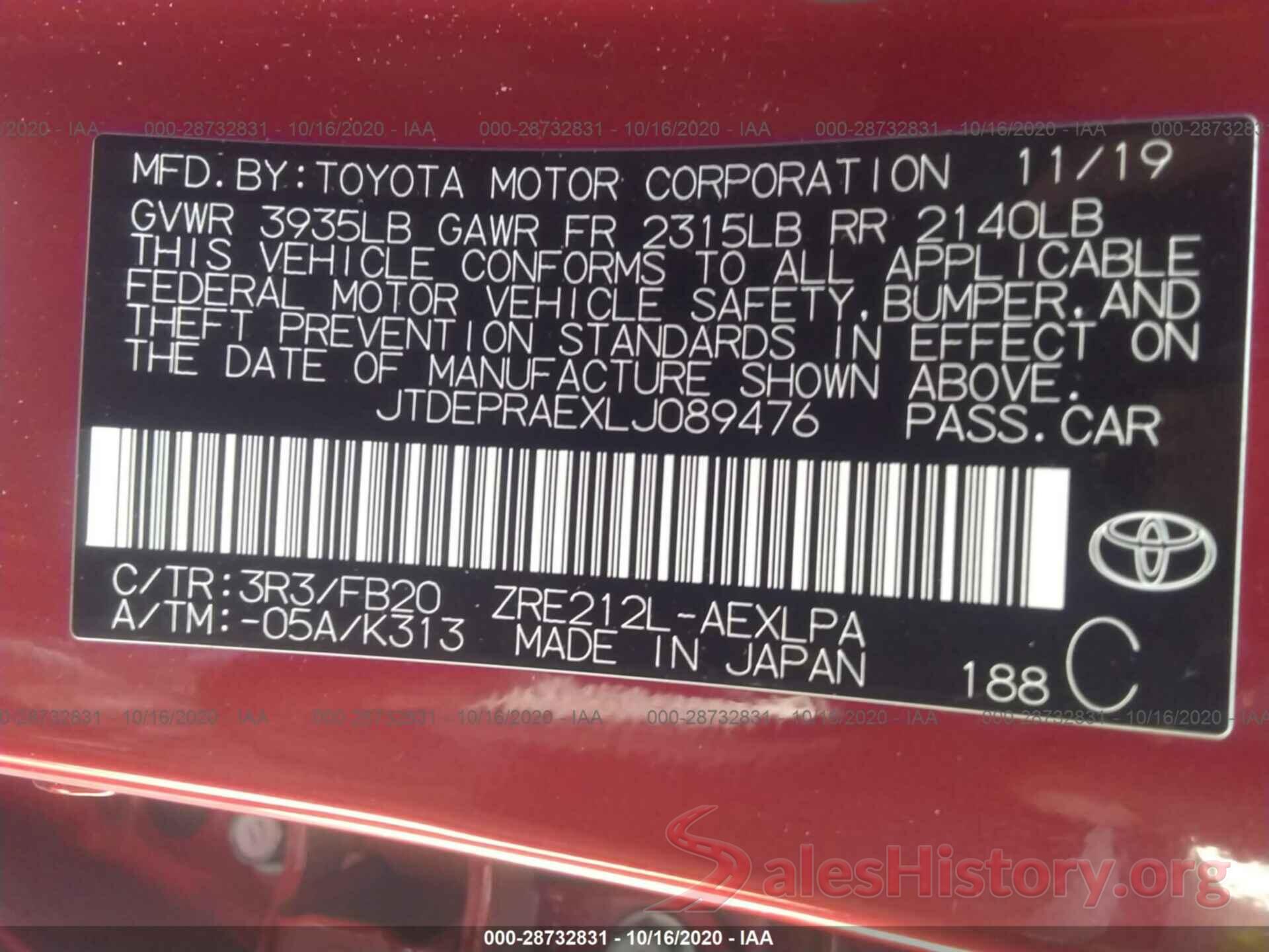 JTDEPRAEXLJ089476 2020 TOYOTA COROLLA