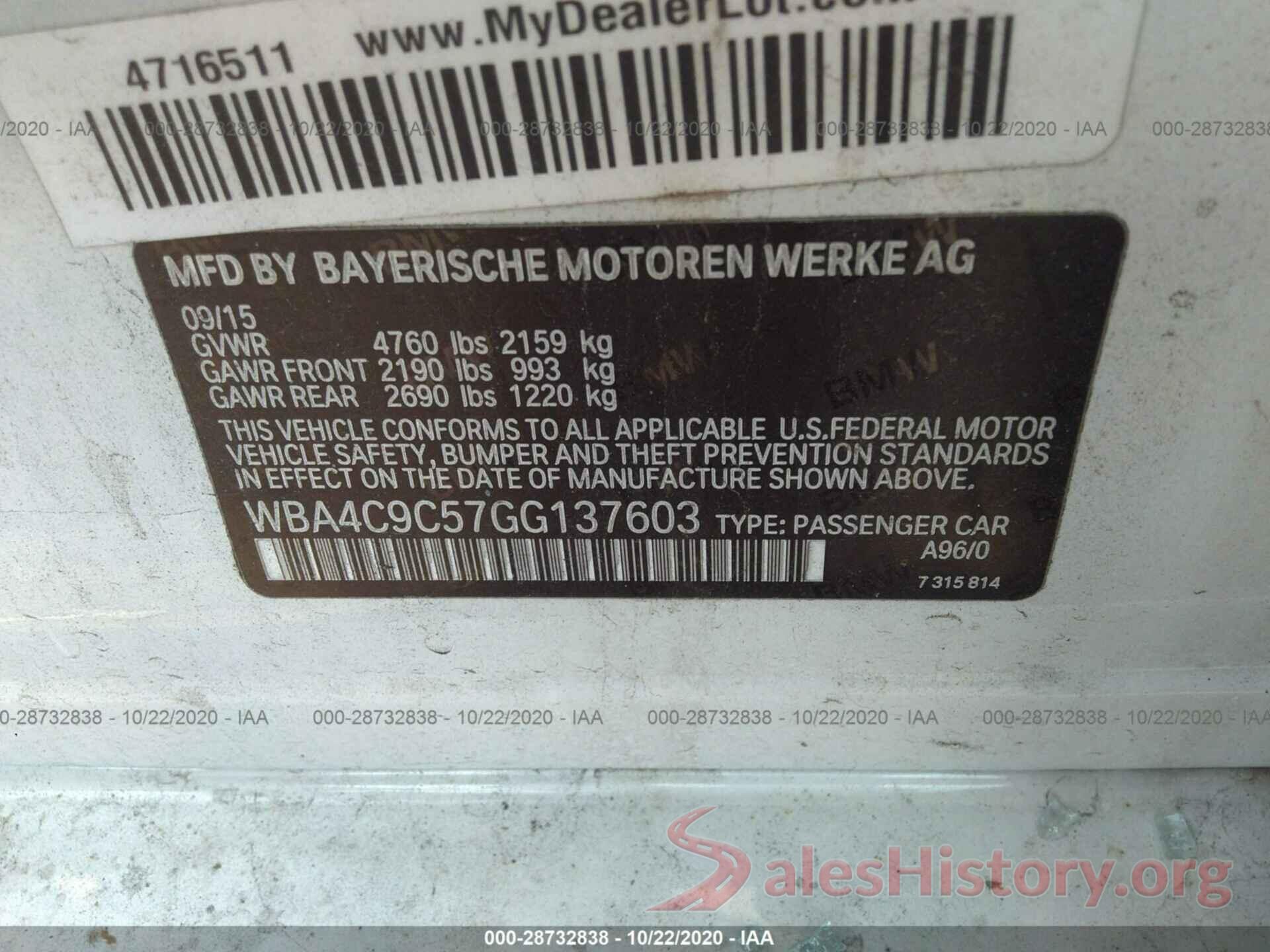 WBA4C9C57GG137603 2016 BMW 4 SERIES