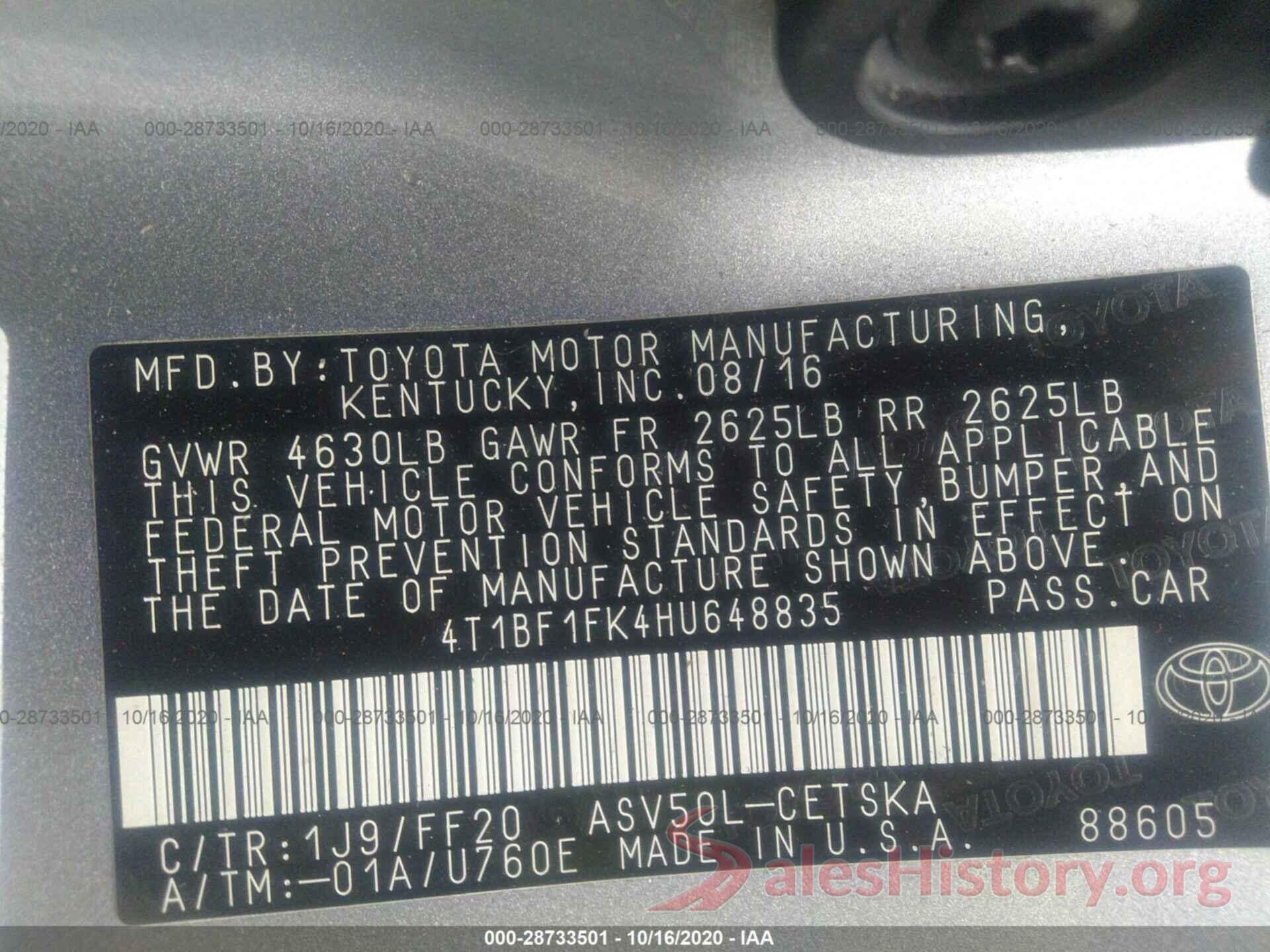 4T1BF1FK4HU648835 2017 TOYOTA CAMRY