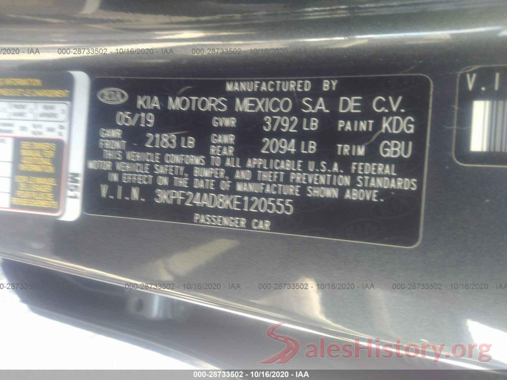 3KPF24AD8KE120555 2019 KIA FORTE