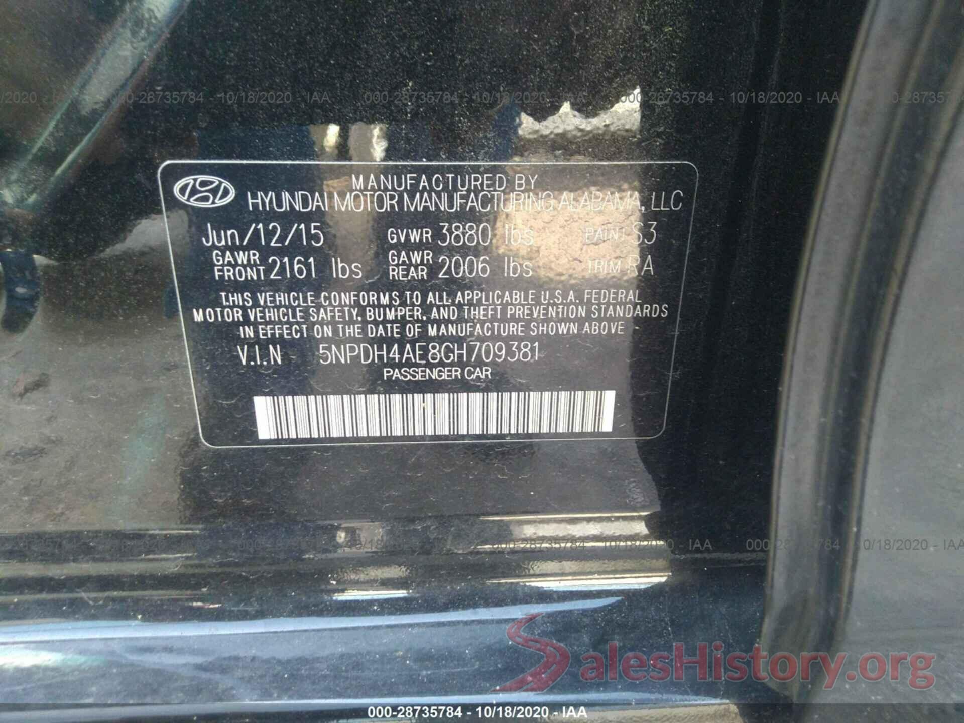 5NPDH4AE8GH709381 2016 HYUNDAI ELANTRA