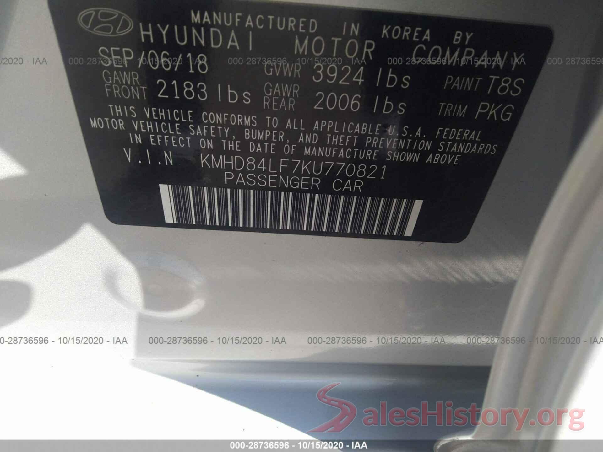 KMHD84LF7KU770821 2019 HYUNDAI ELANTRA