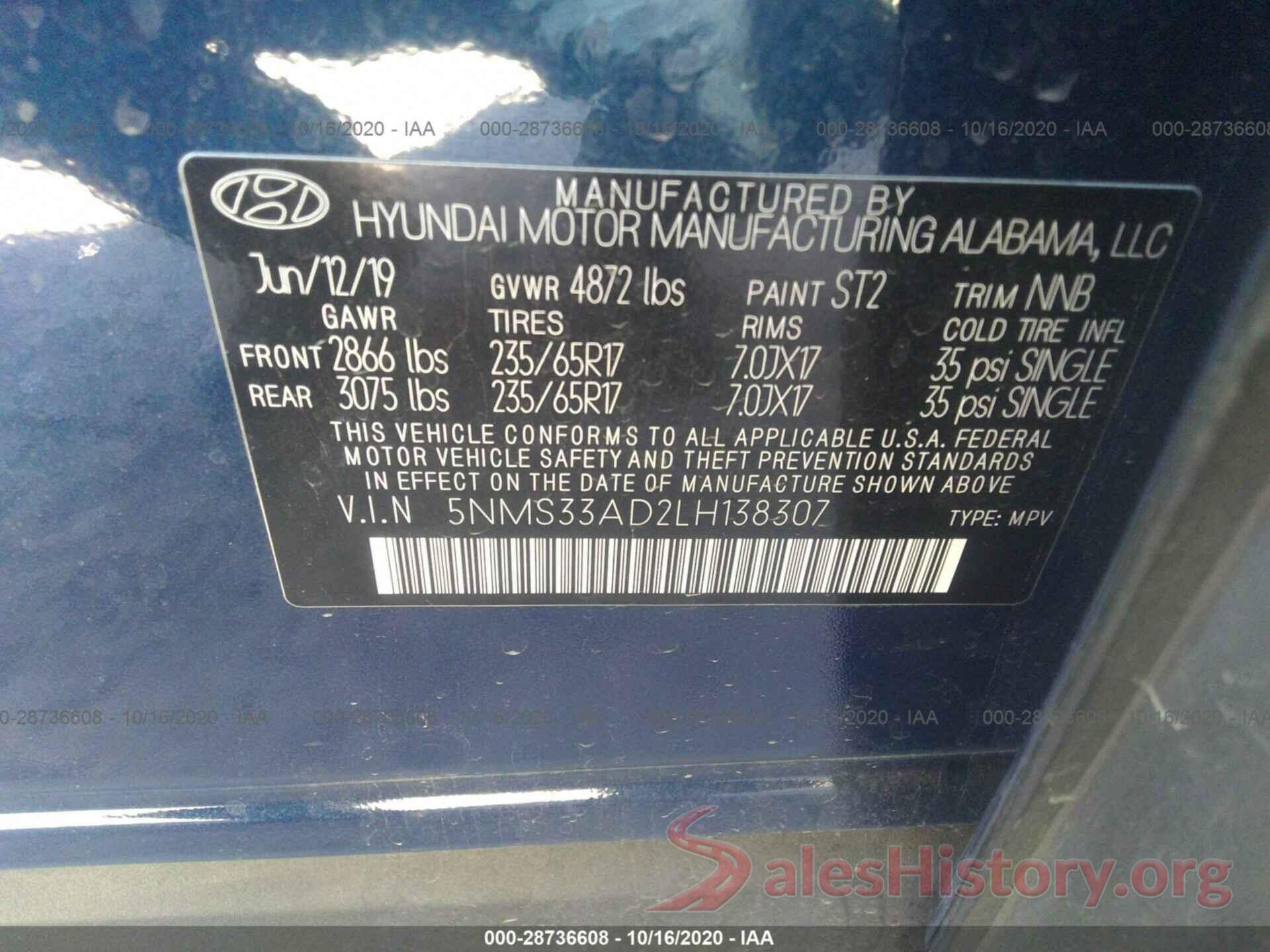 5NMS33AD2LH138307 2020 HYUNDAI SANTA FE