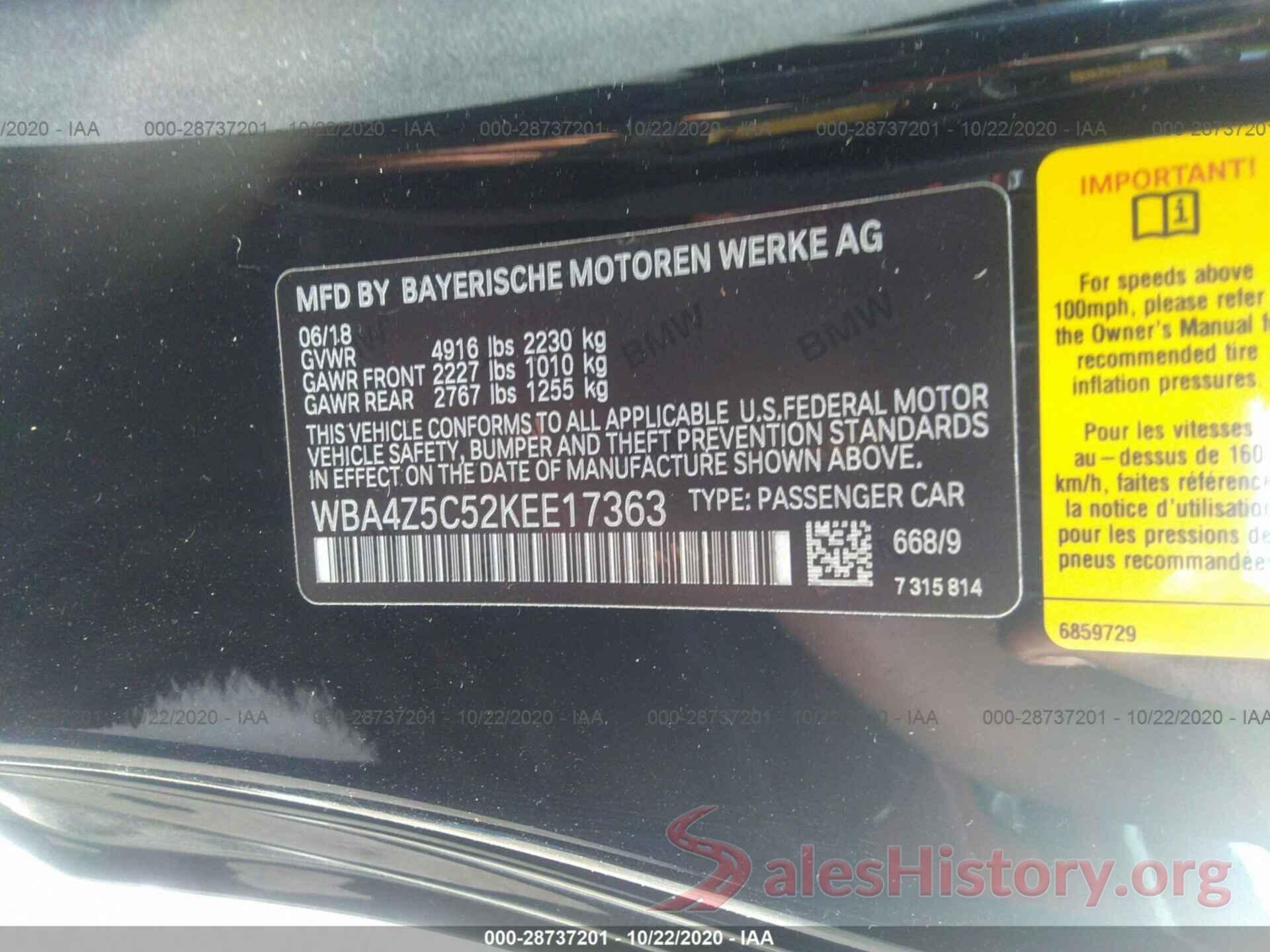 WBA4Z5C52KEE17363 2019 BMW 4 SERIES