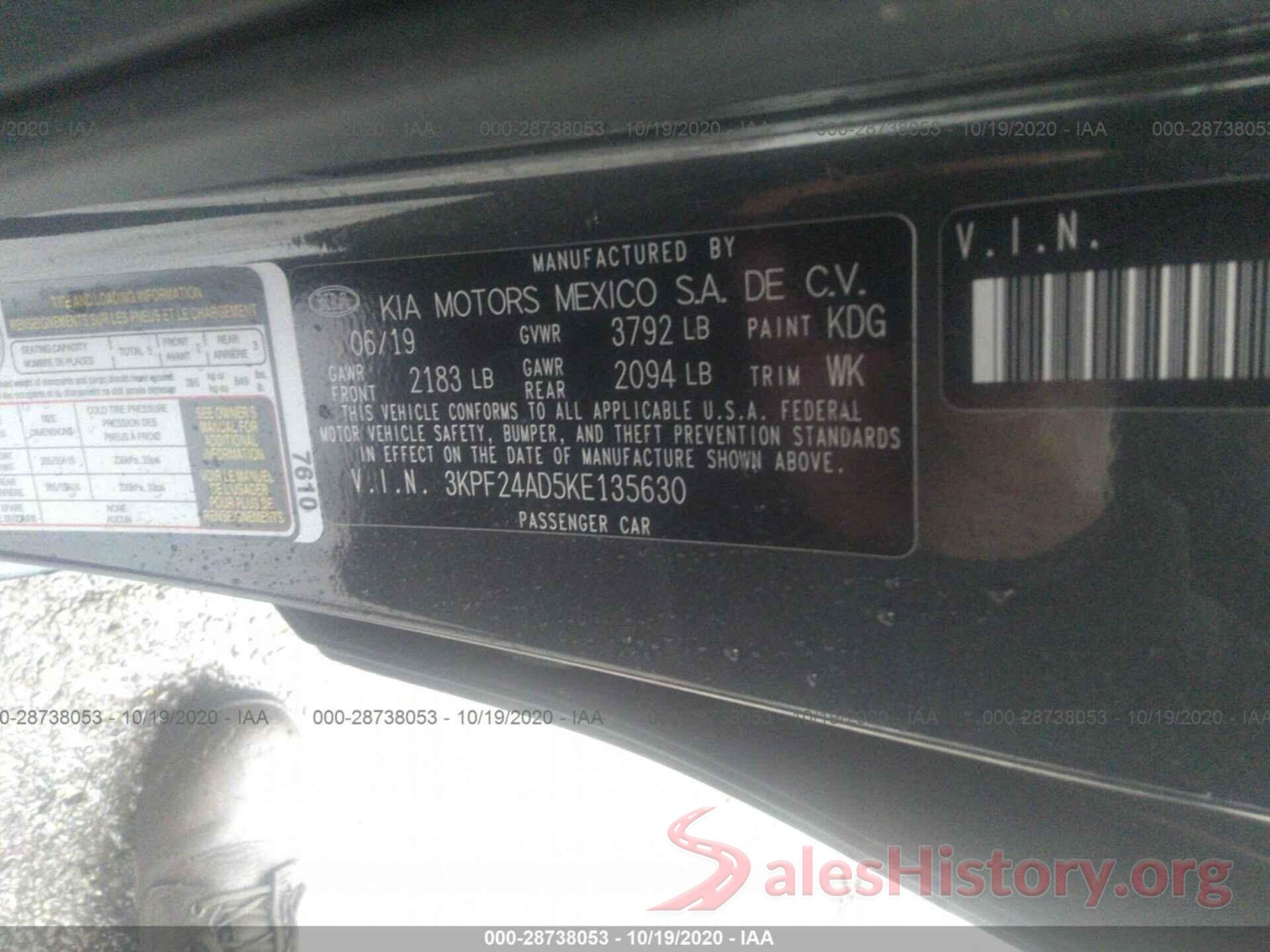 3KPF24AD5KE135630 2019 KIA FORTE