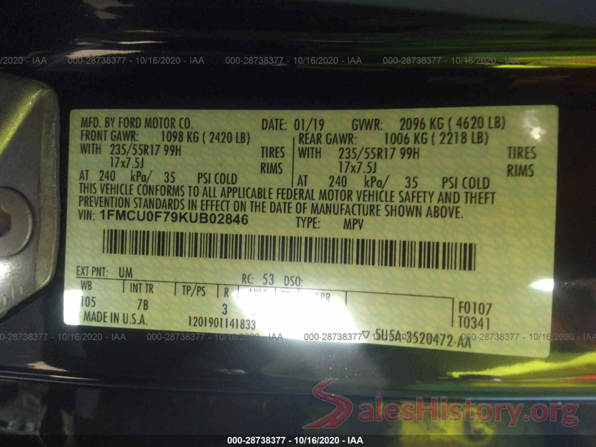 1FMCU0F79KUB02846 2019 FORD ESCAPE