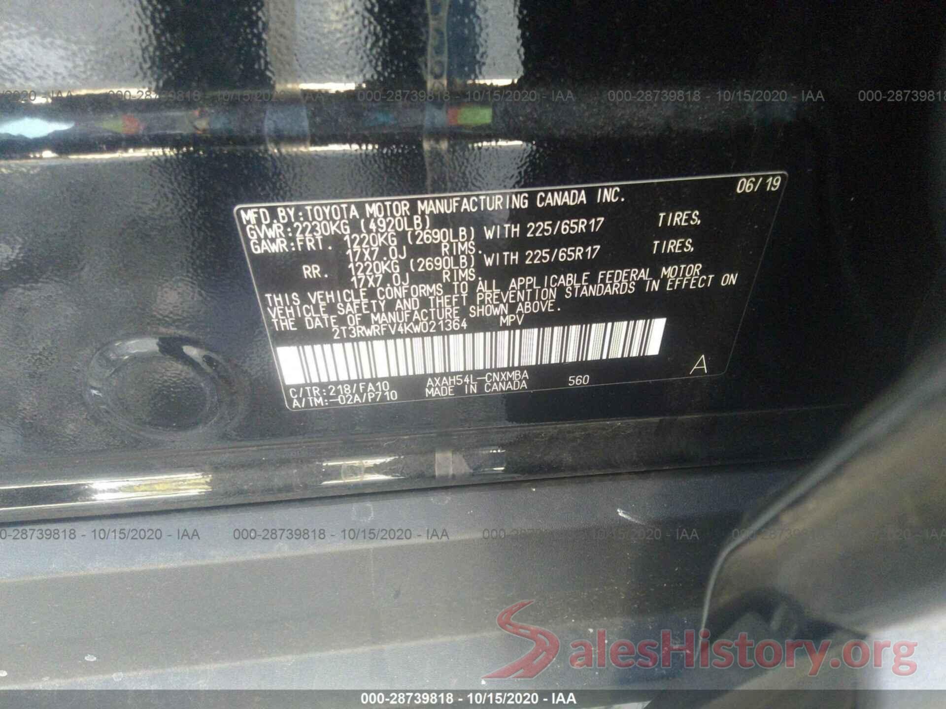 2T3RWRFV4KW021364 2019 TOYOTA RAV4