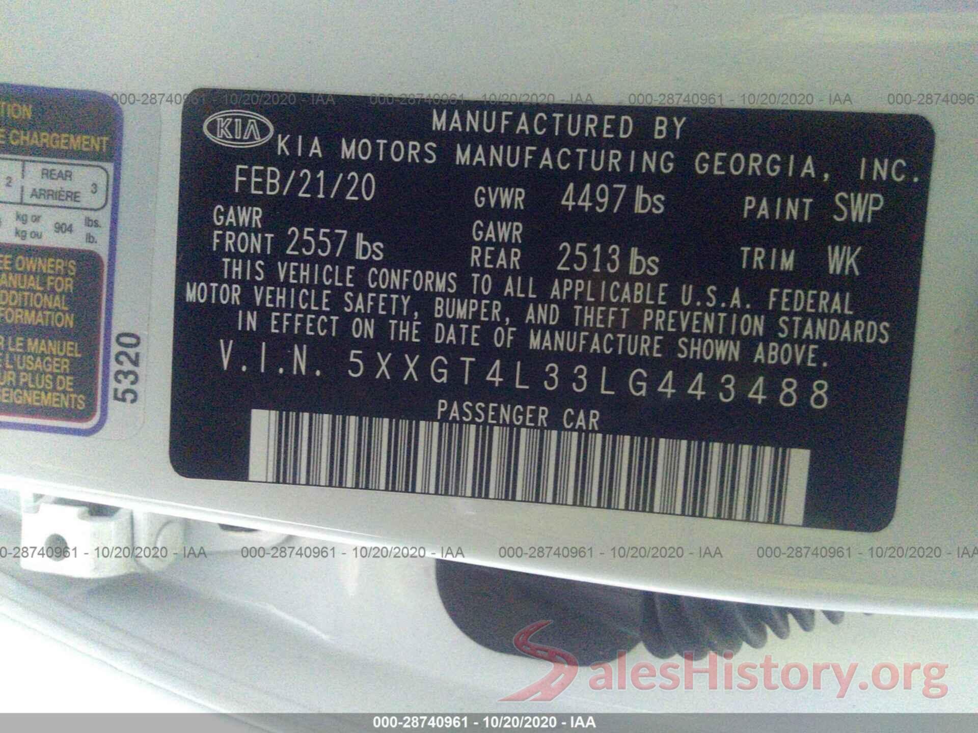 5XXGT4L33LG443488 2020 KIA OPTIMA