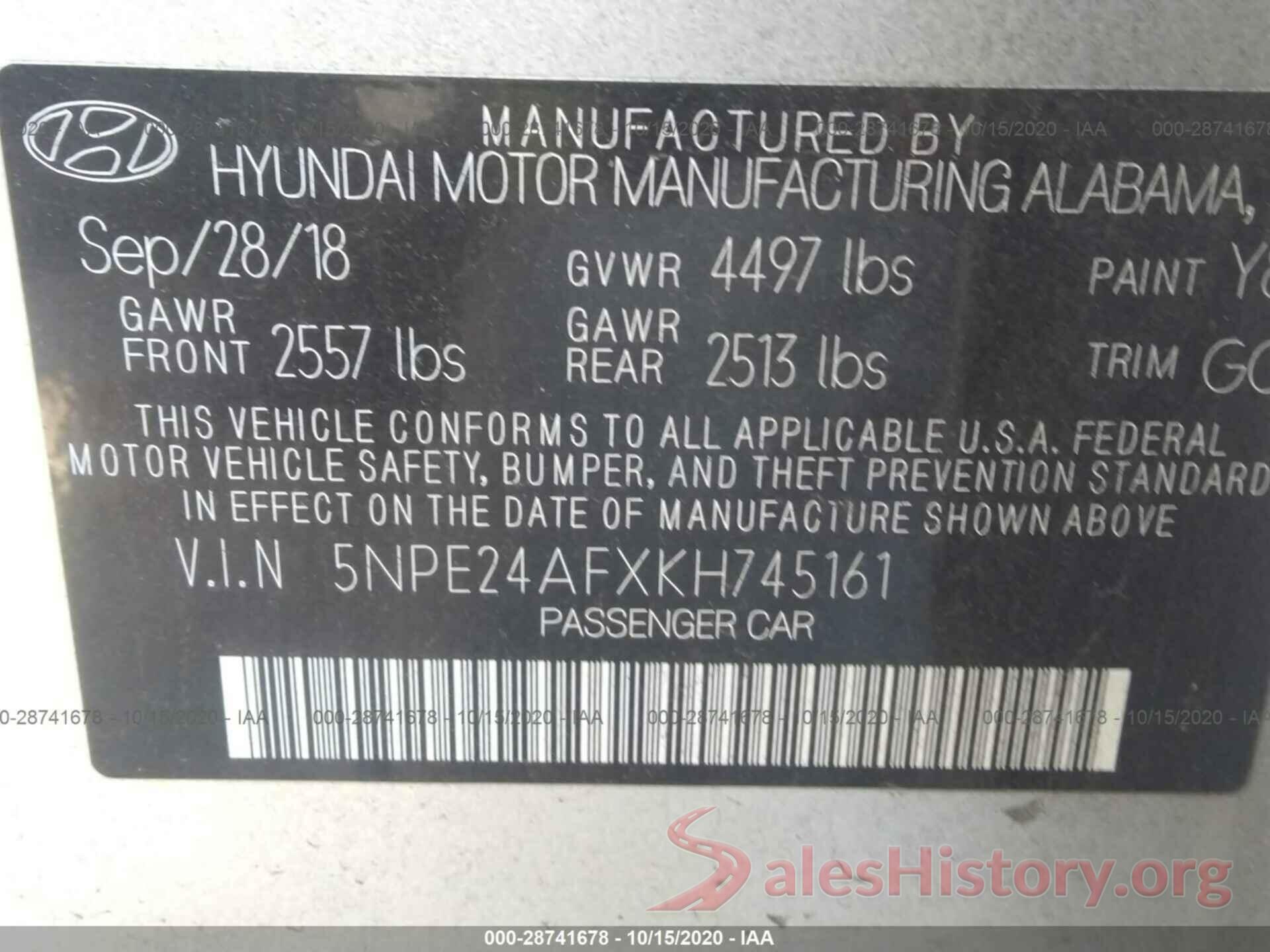 5NPE24AFXKH745161 2019 HYUNDAI SONATA