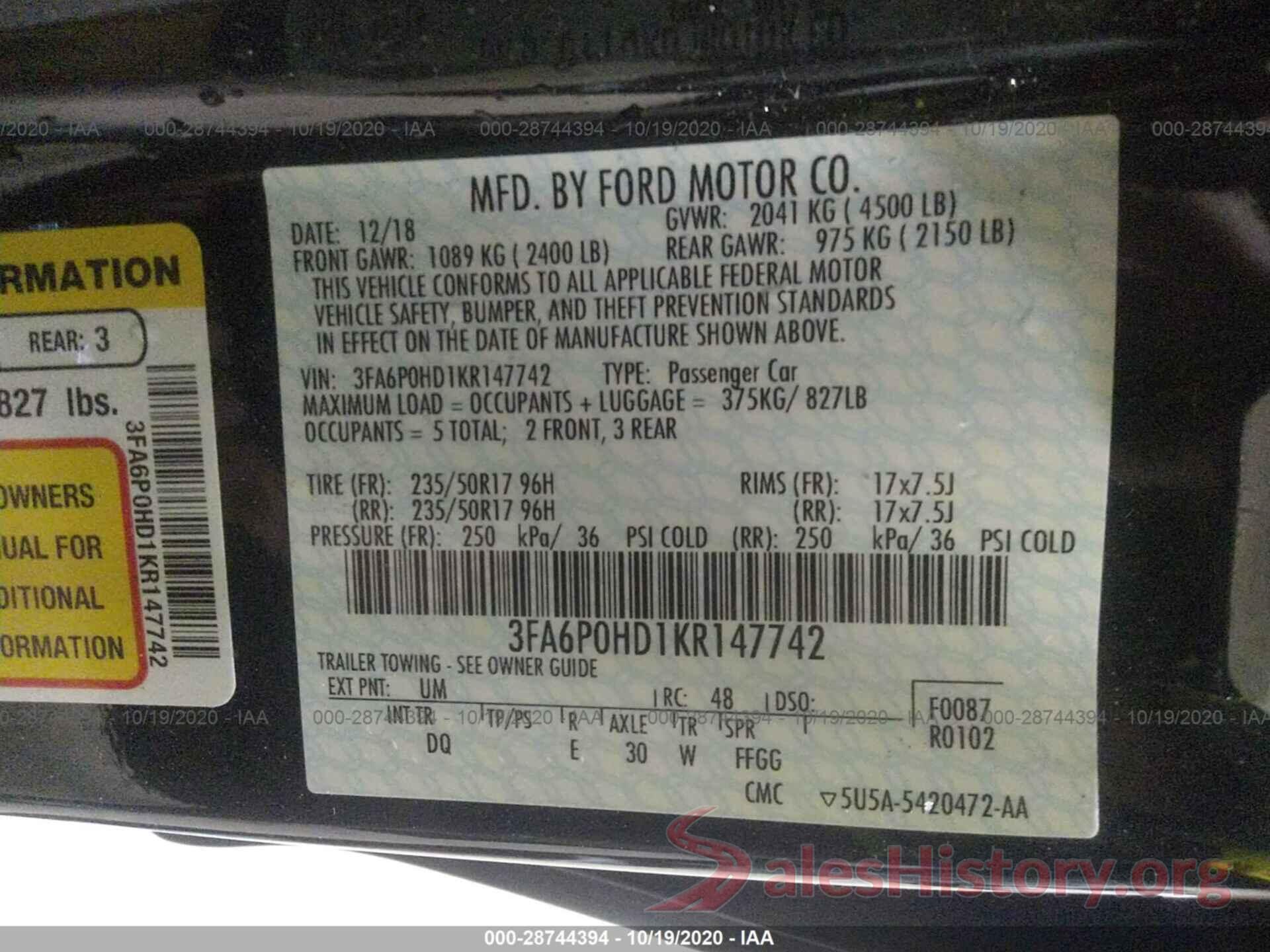 3FA6P0HD1KR147742 2019 FORD FUSION