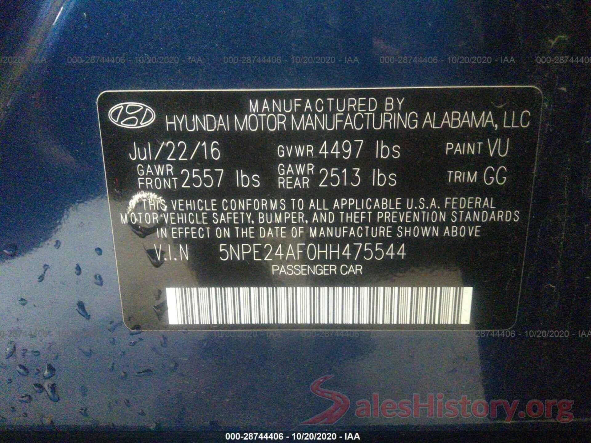 5NPE24AF0HH475544 2017 HYUNDAI SONATA