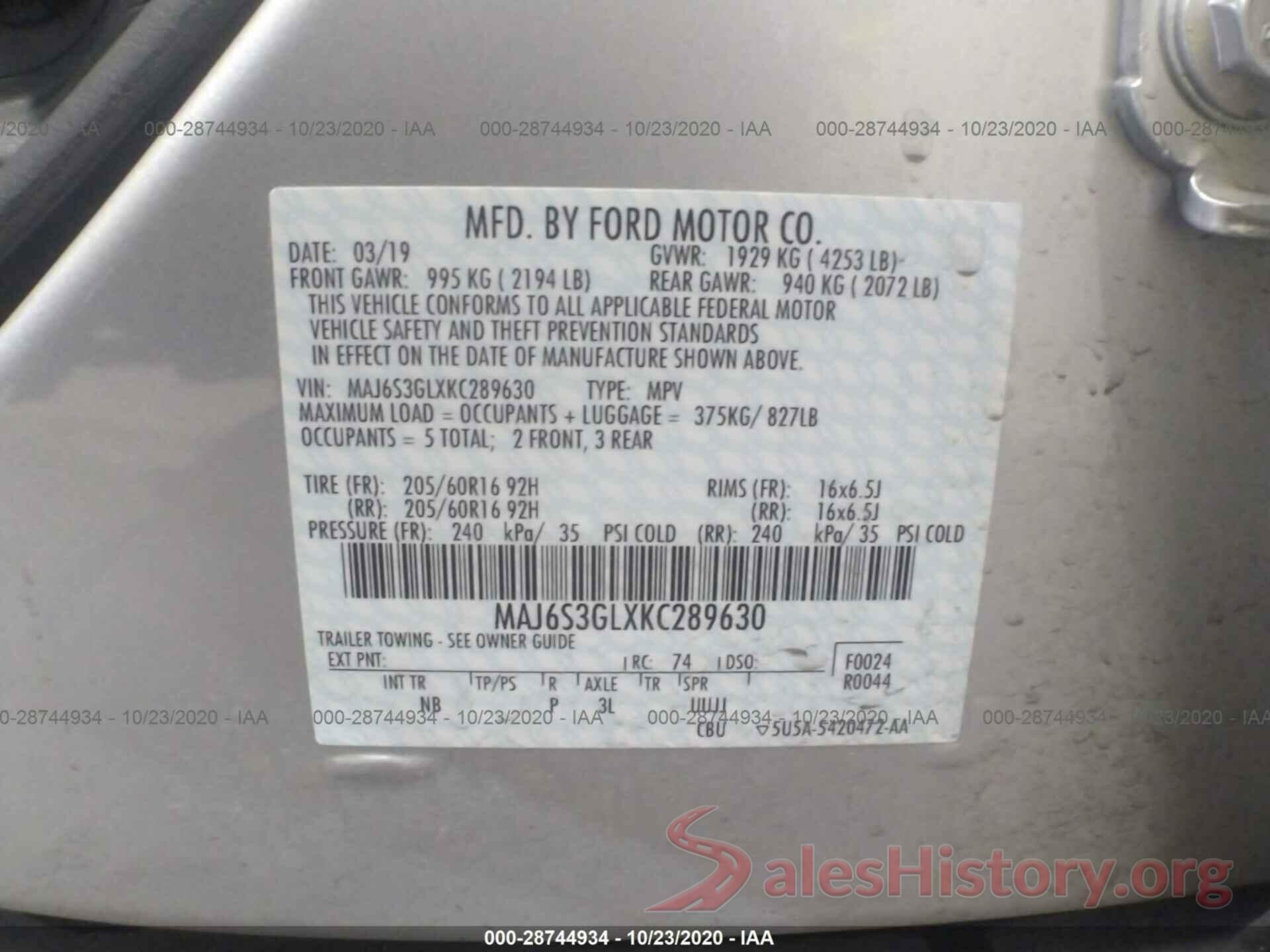 MAJ6S3GLXKC289630 2019 FORD ECOSPORT