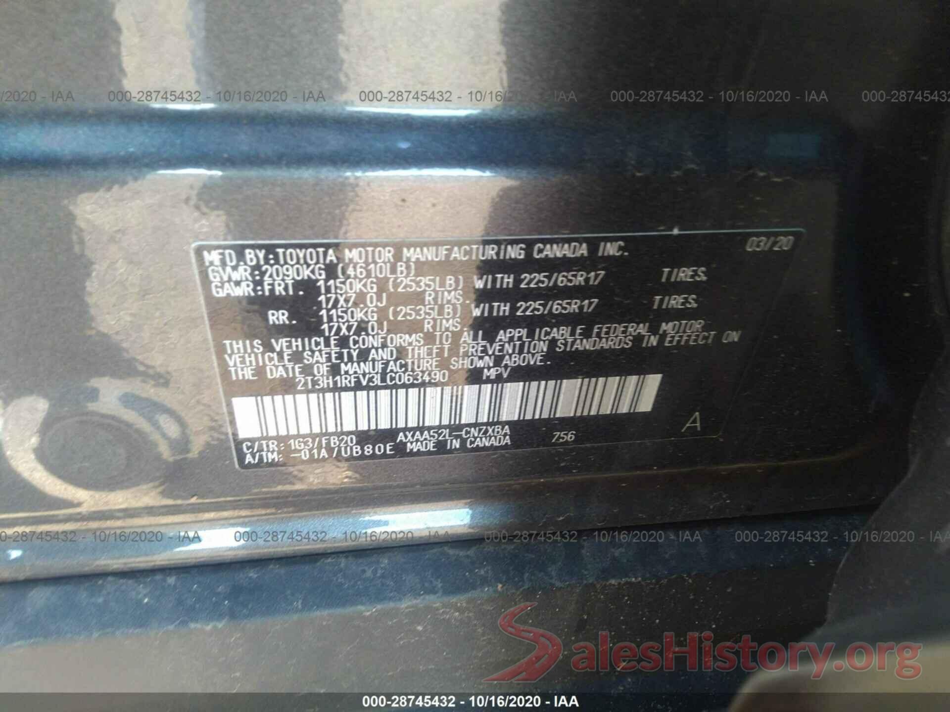 2T3H1RFV3LC063490 2020 TOYOTA RAV4