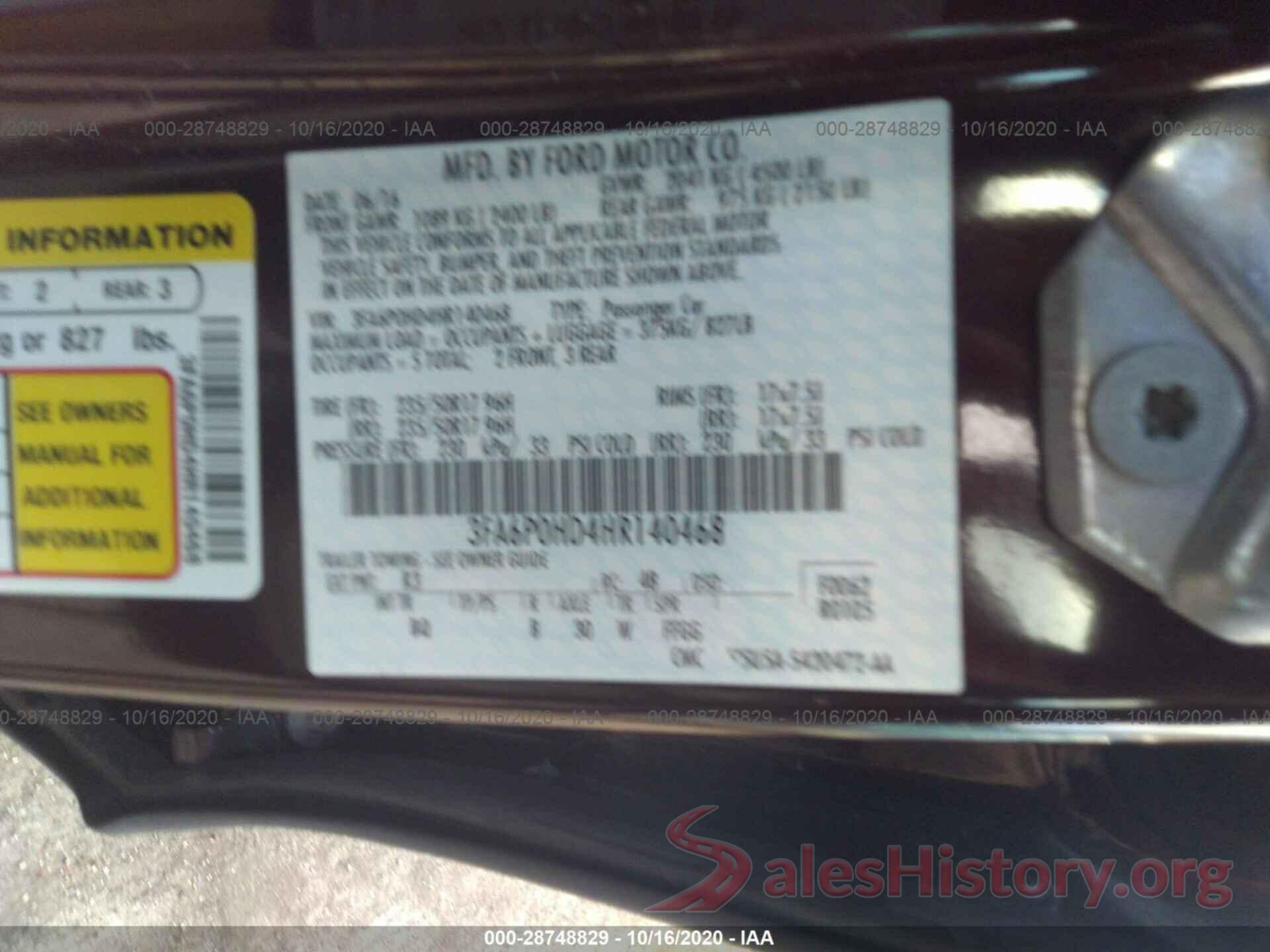 3FA6P0HD4HR140468 2017 FORD FUSION