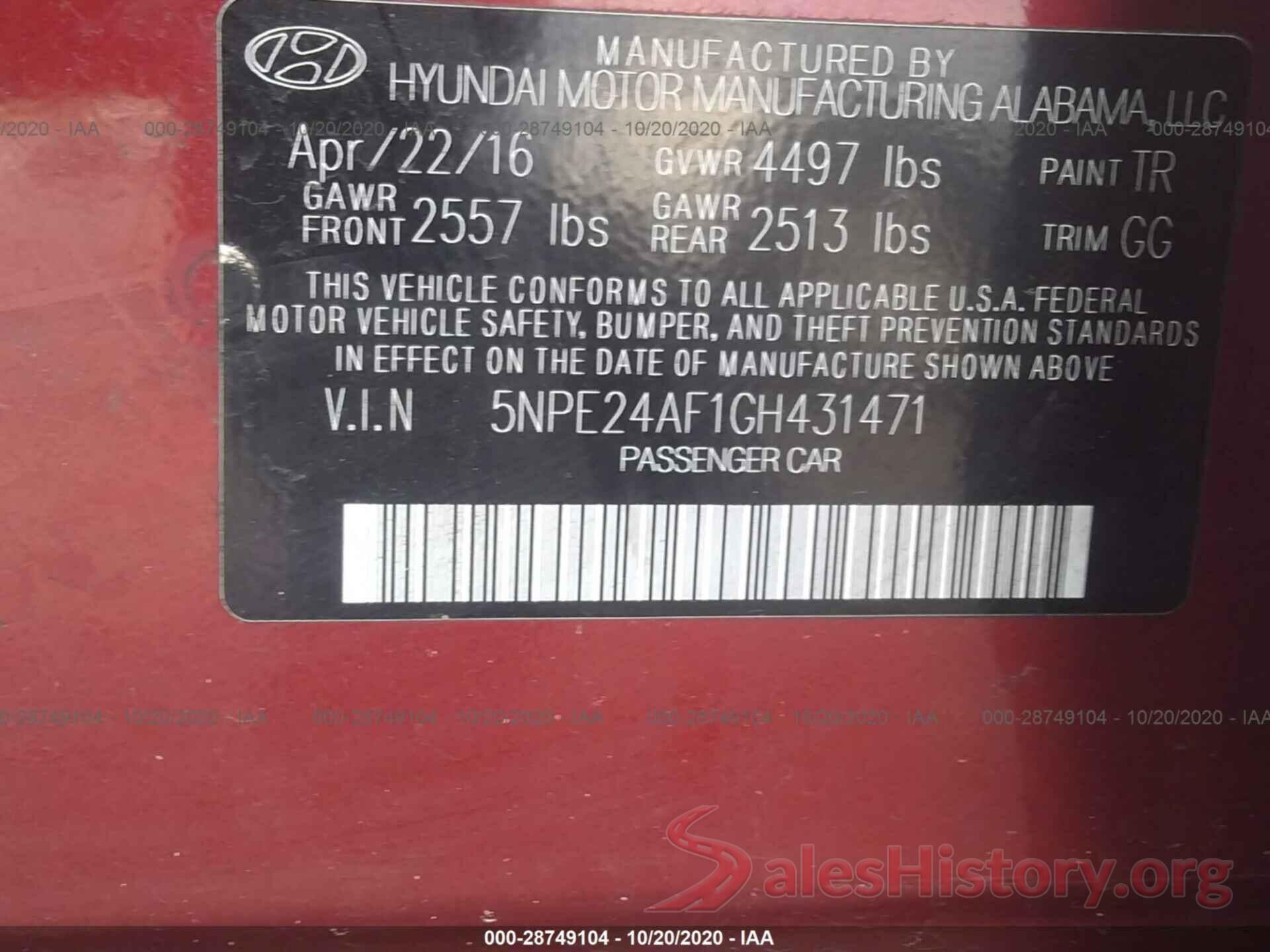 5NPE24AF1GH431471 2016 HYUNDAI SONATA