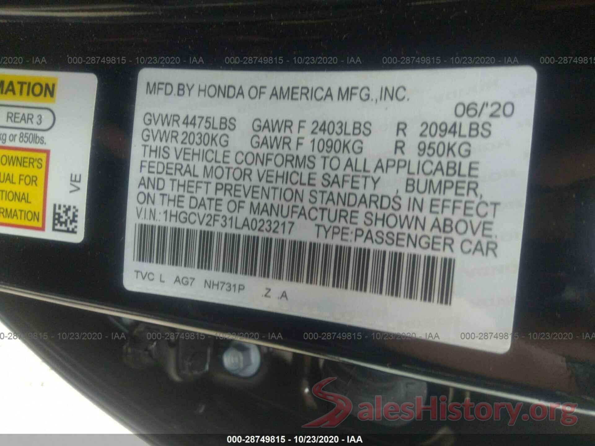 1HGCV2F31LA023217 2020 HONDA ACCORD SEDAN