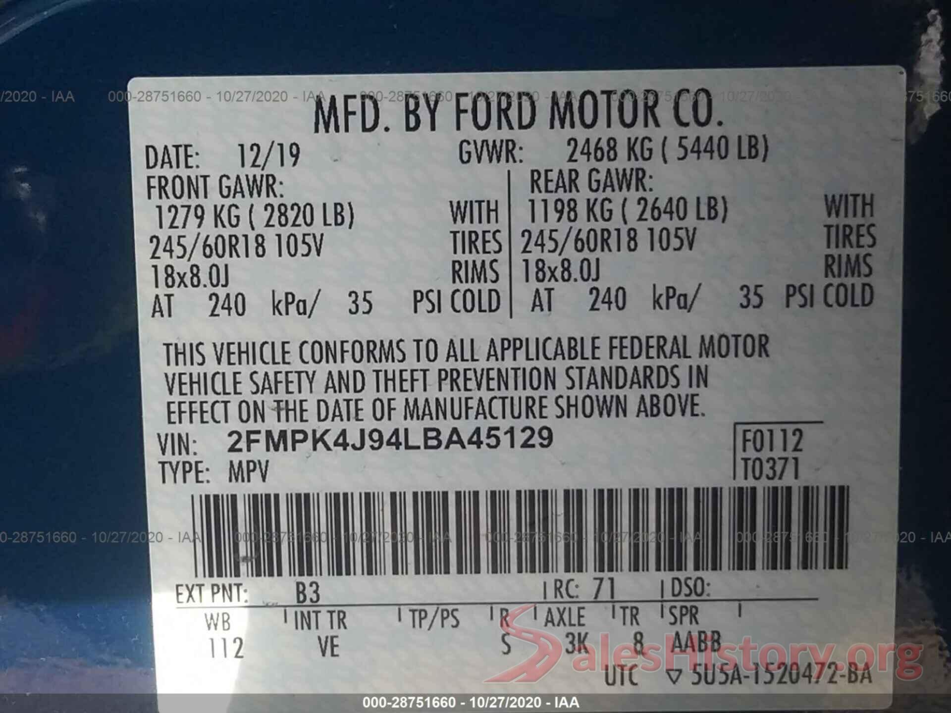 2FMPK4J94LBA45129 2020 FORD EDGE