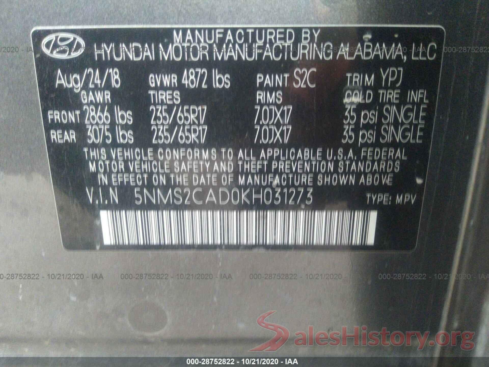 5NMS2CAD0KH031273 2019 HYUNDAI SANTA FE