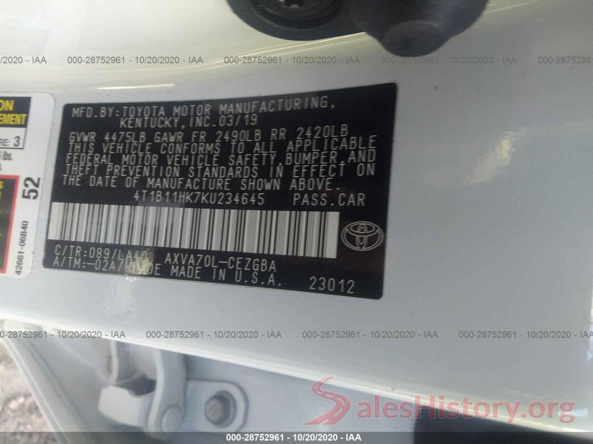 4T1B11HK7KU234645 2019 TOYOTA CAMRY