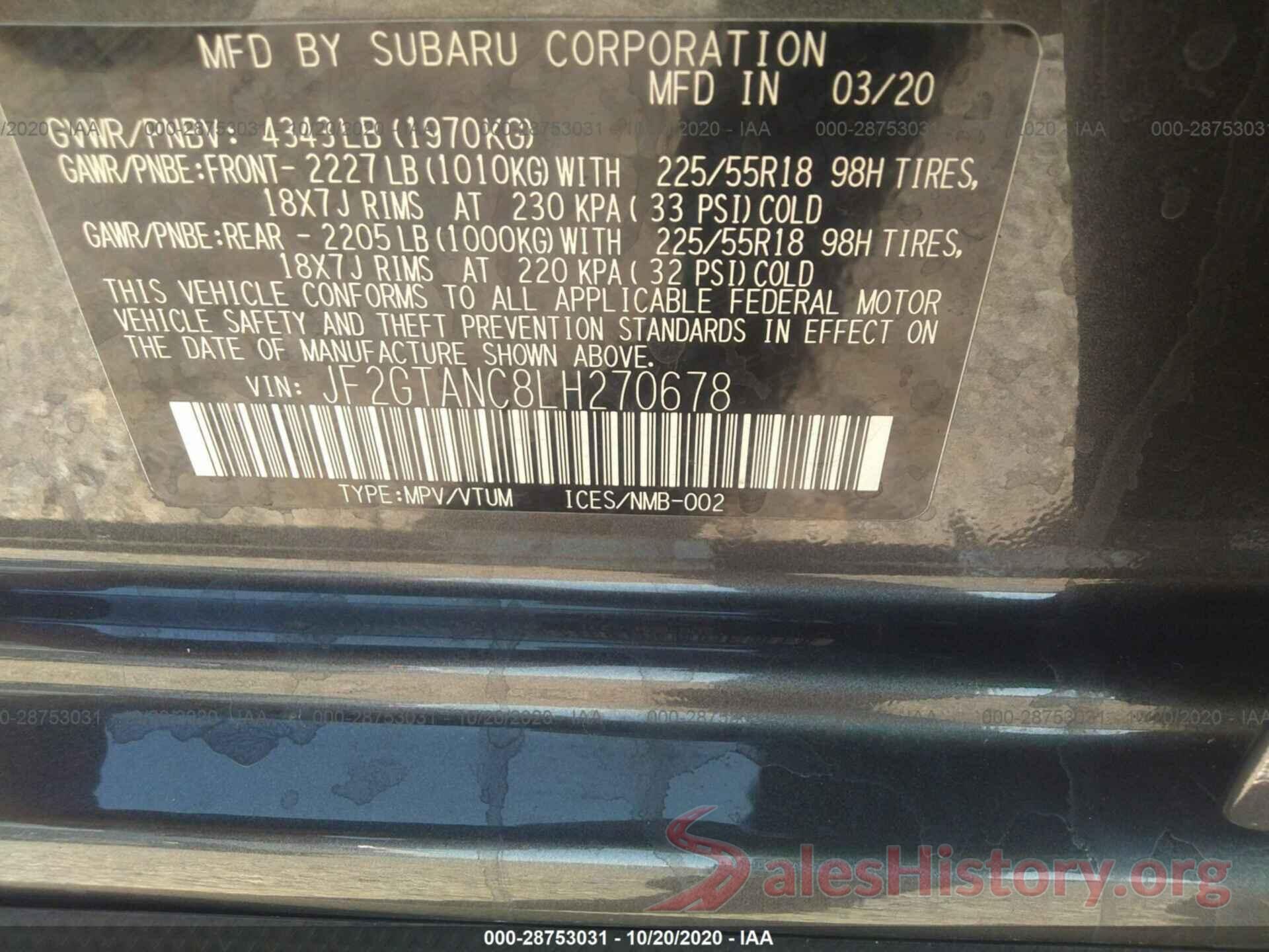 JF2GTANC8LH270678 2020 SUBARU CROSSTREK