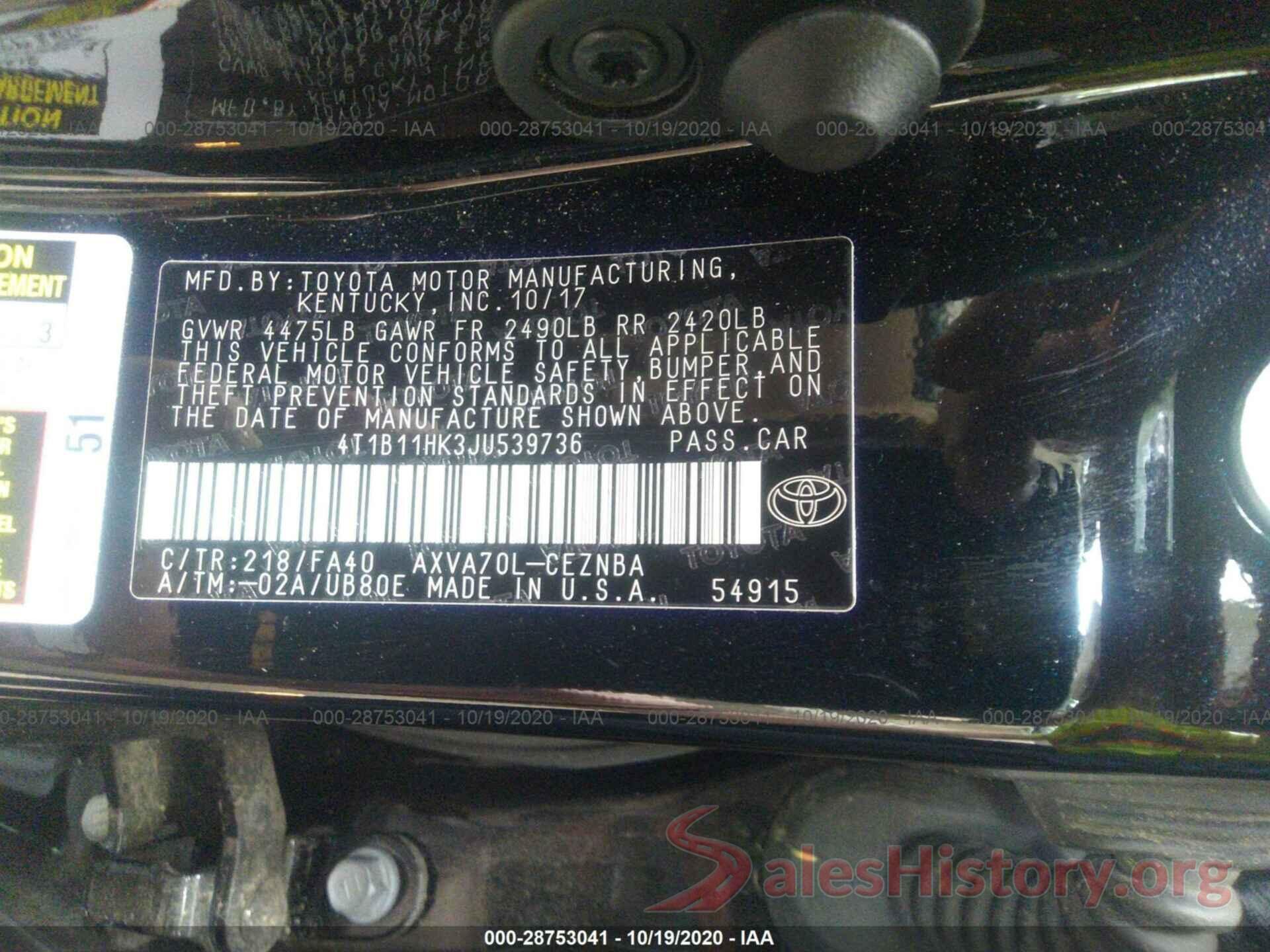 4T1B11HK3JU539736 2018 TOYOTA CAMRY