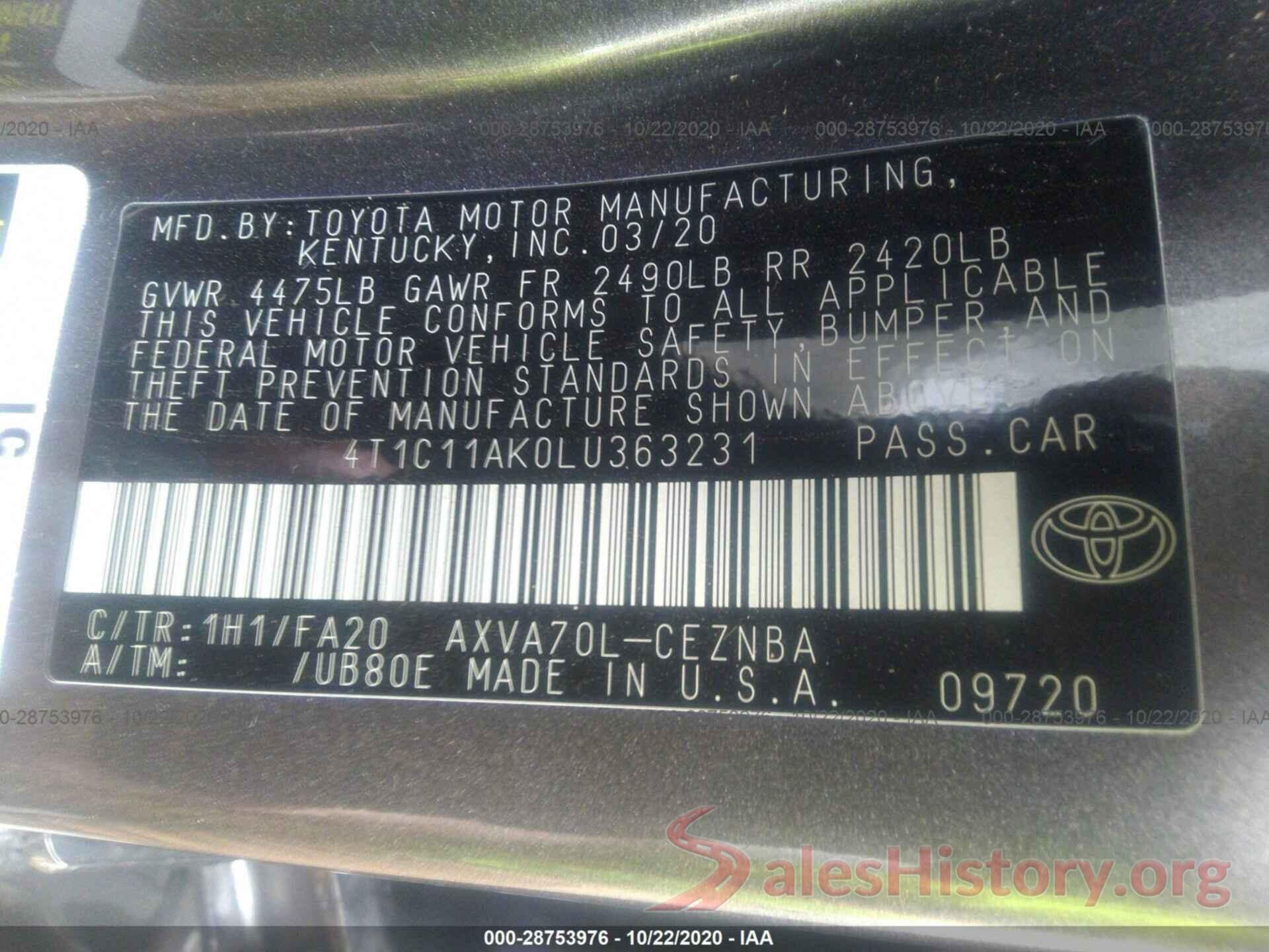 4T1C11AK0LU363231 2020 TOYOTA CAMRY