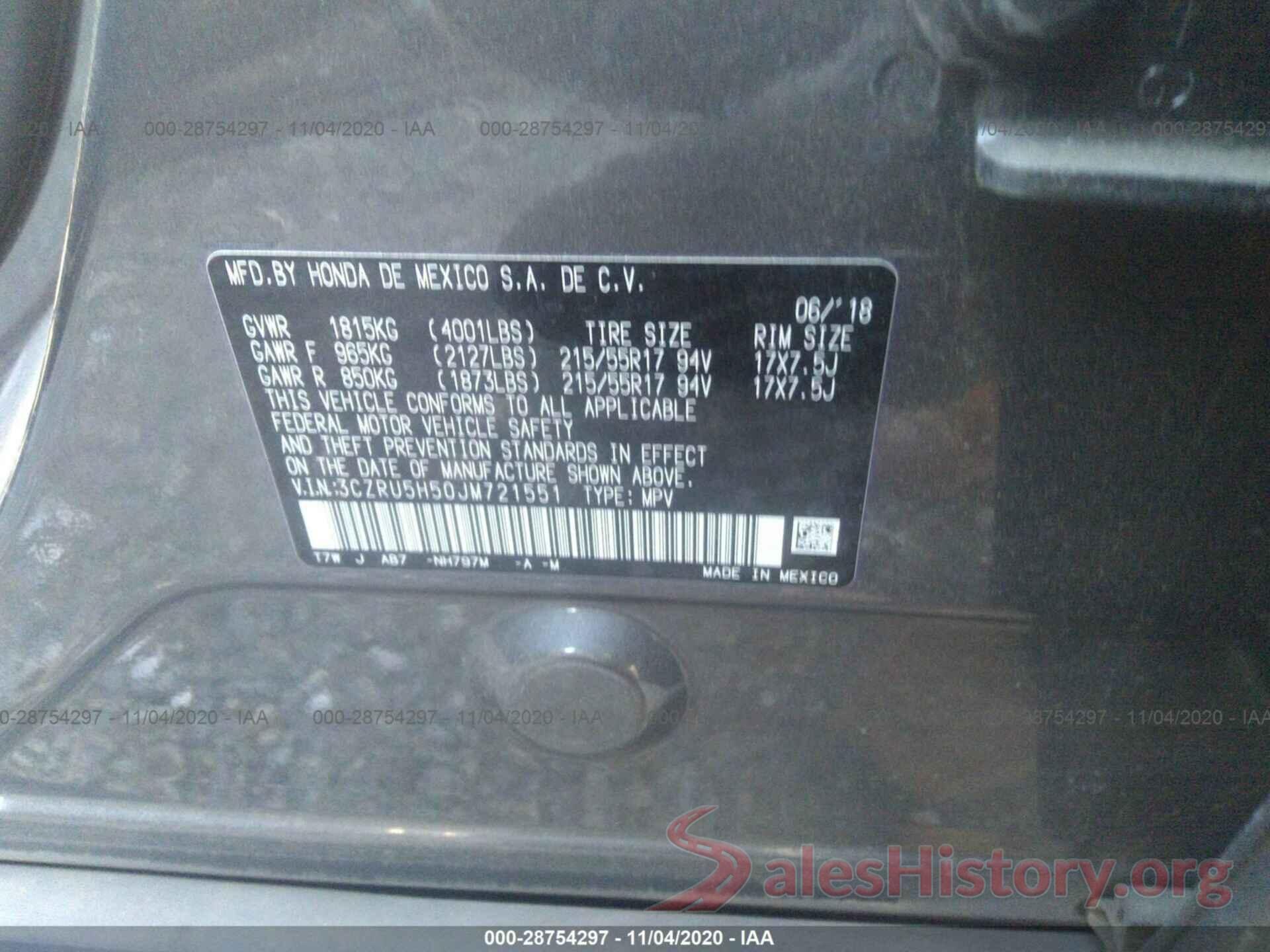 3CZRU5H50JM721551 2018 HONDA HR-V