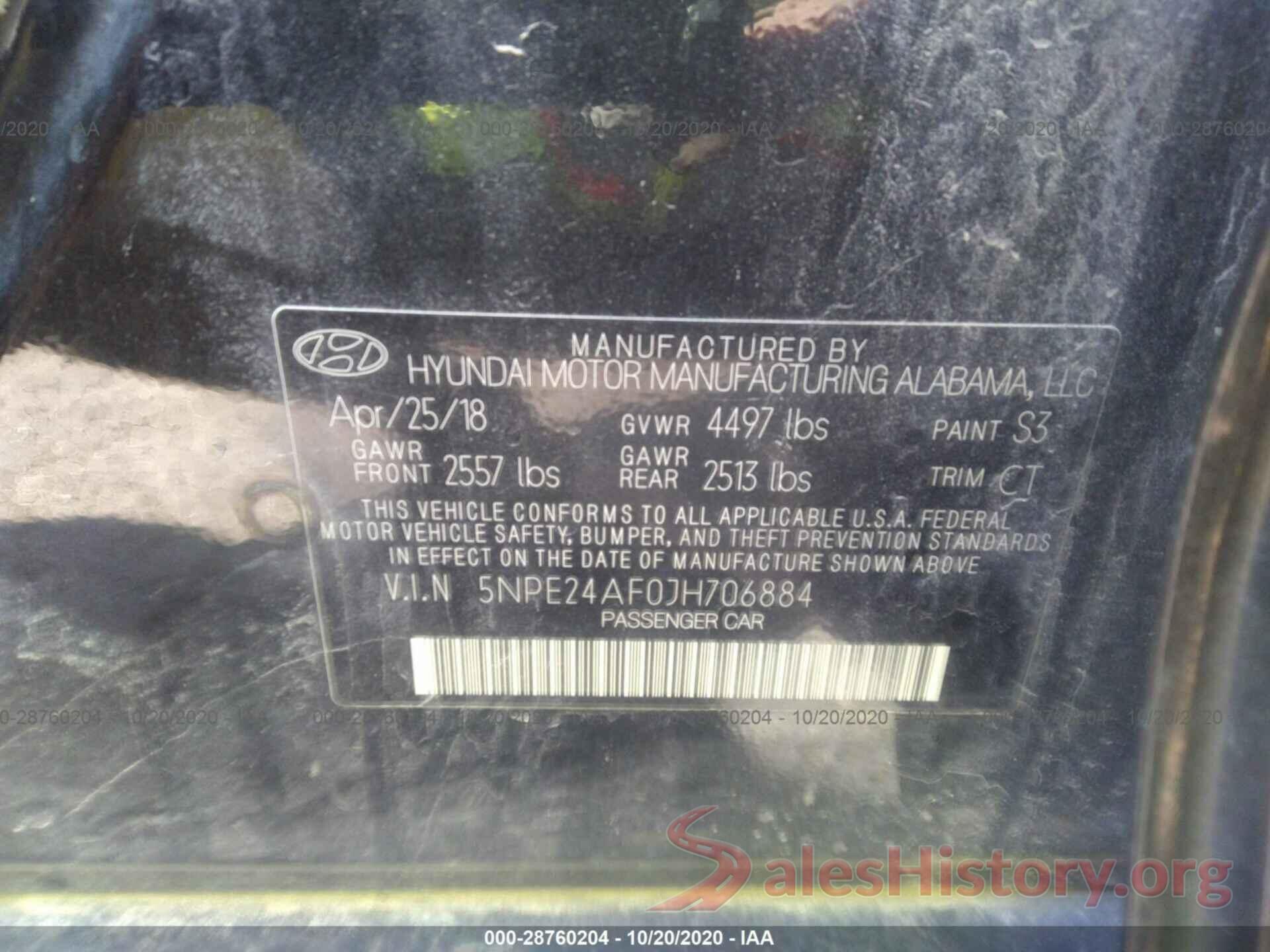 5NPE24AF0JH706884 2018 HYUNDAI SONATA