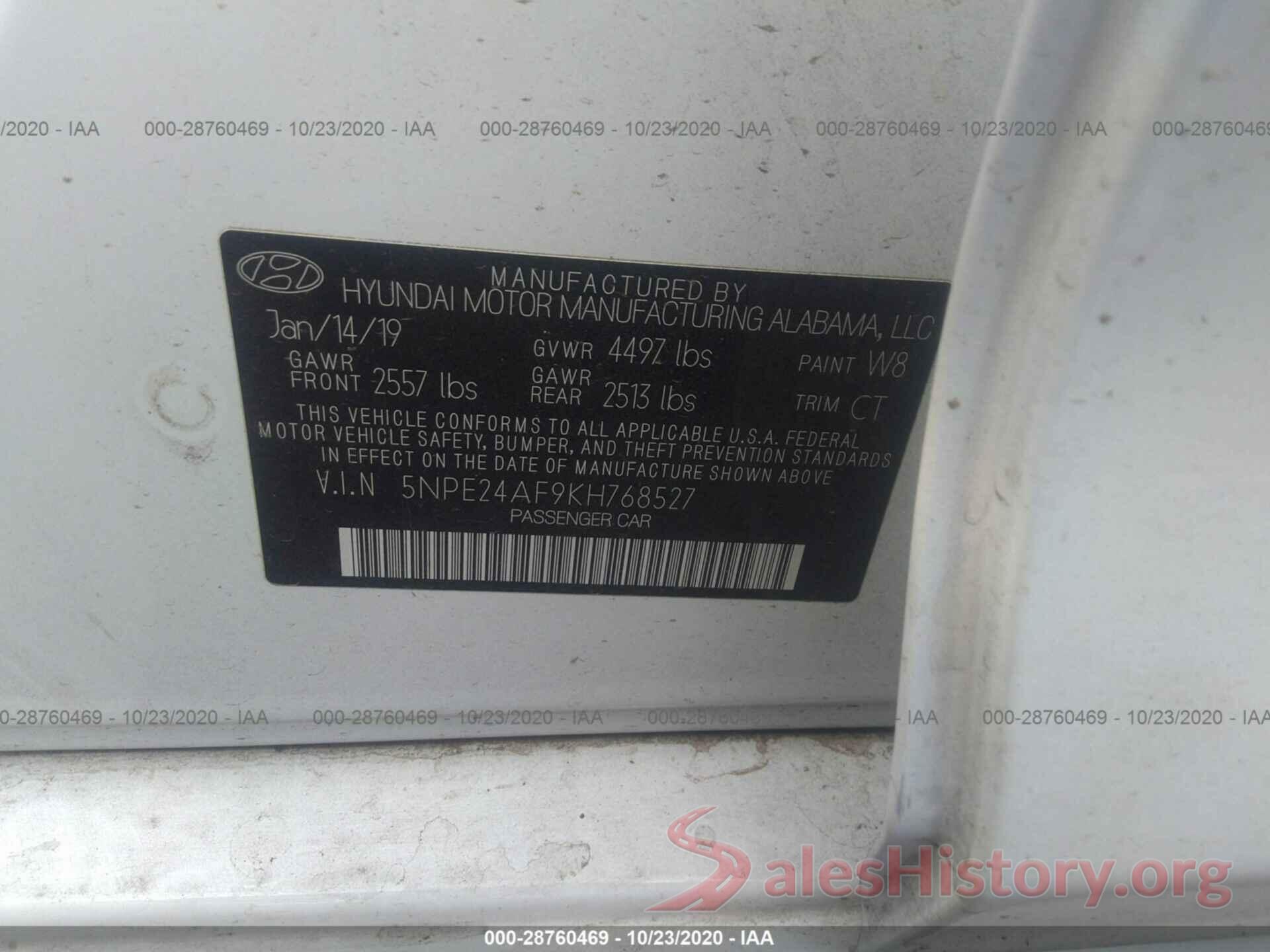 5NPE24AF9KH768527 2019 HYUNDAI SONATA