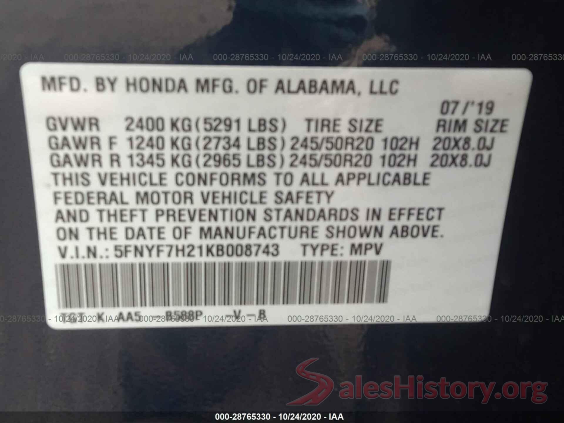 5FNYF7H21KB008743 2019 HONDA PASSPORT