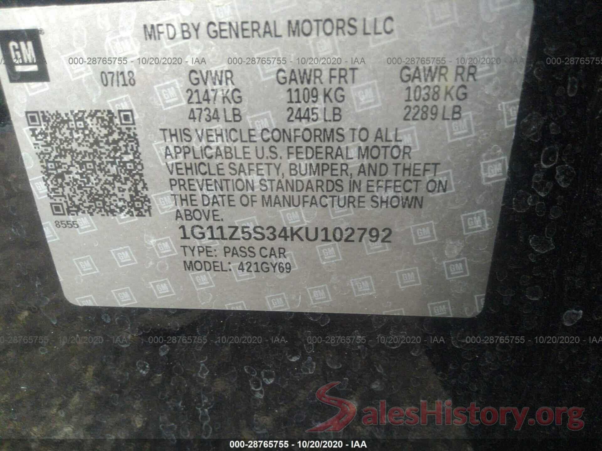 1G11Z5S34KU102792 2019 CHEVROLET IMPALA