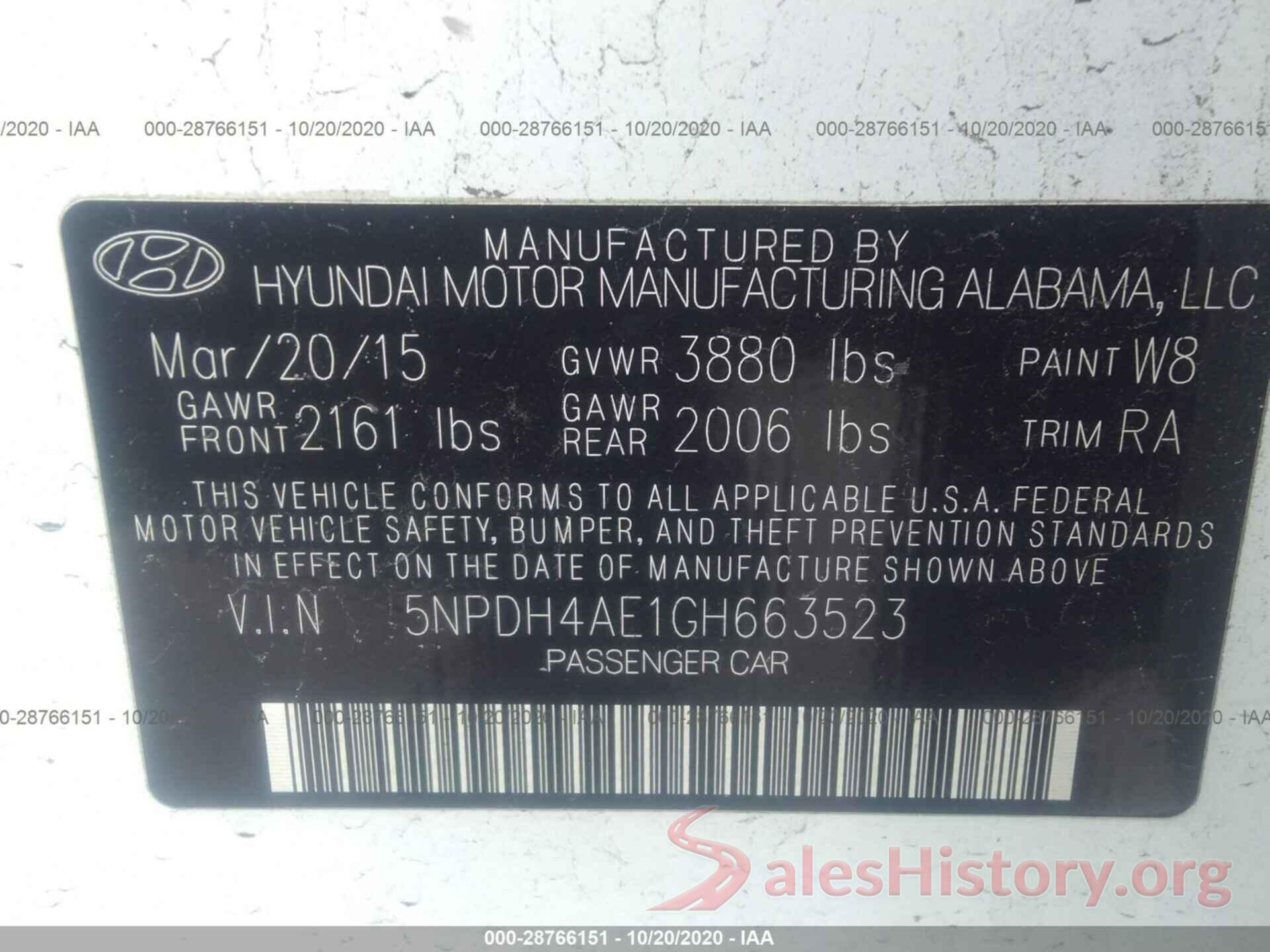 5NPDH4AE1GH663523 2016 HYUNDAI ELANTRA