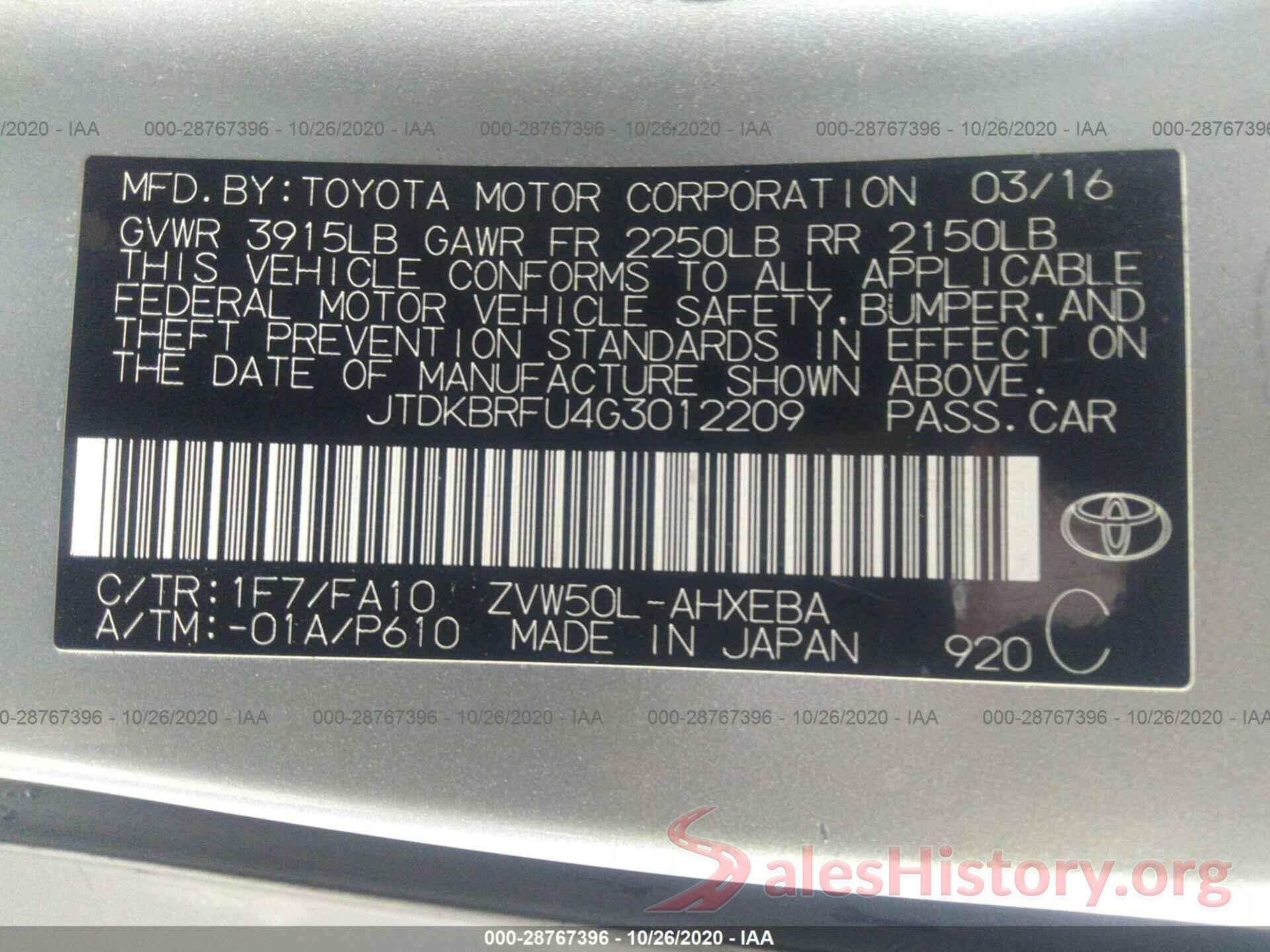 JTDKBRFU4G3012209 2016 TOYOTA PRIUS