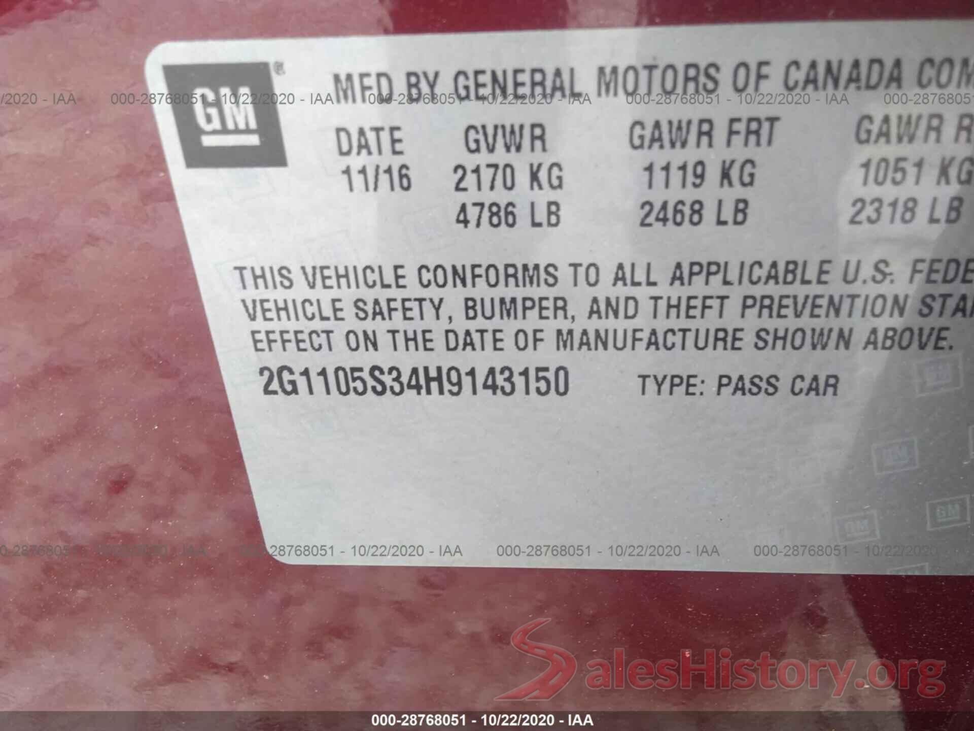 2G1105S34H9143150 2017 CHEVROLET IMPALA