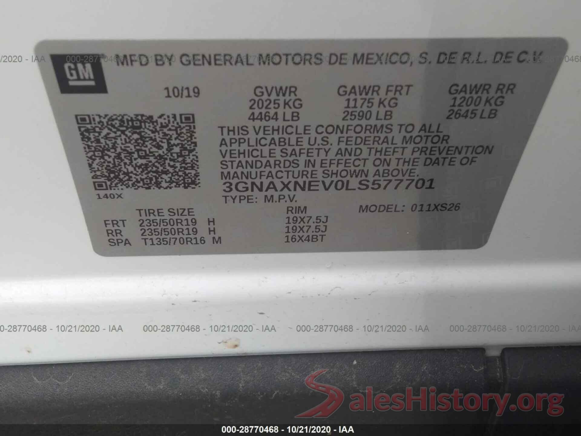 3GNAXNEV0LS577701 2020 CHEVROLET EQUINOX