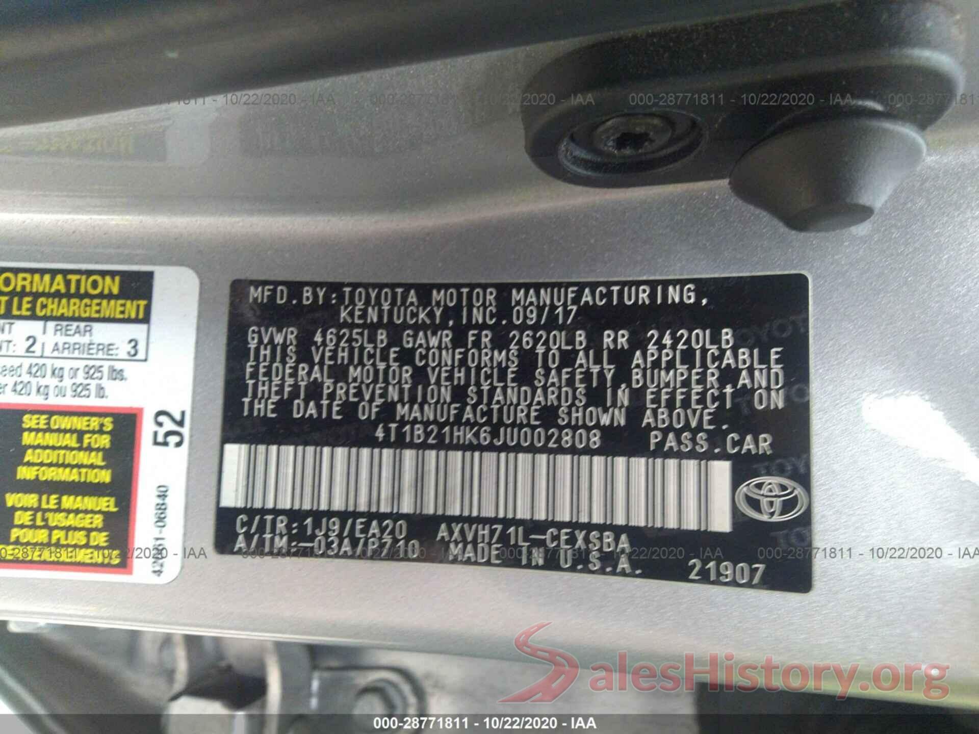 4T1B21HK6JU002808 2018 TOYOTA CAMRY