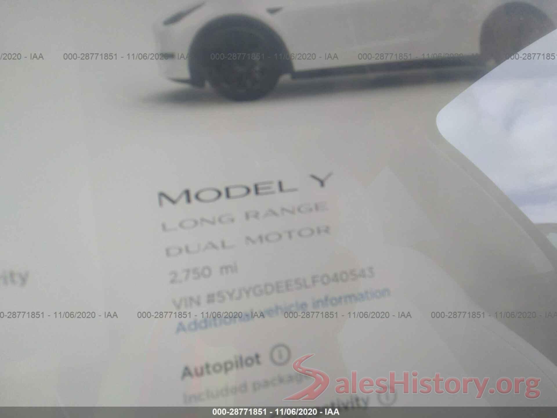 5YJYGDEE5LF040543 2020 TESLA MODEL Y