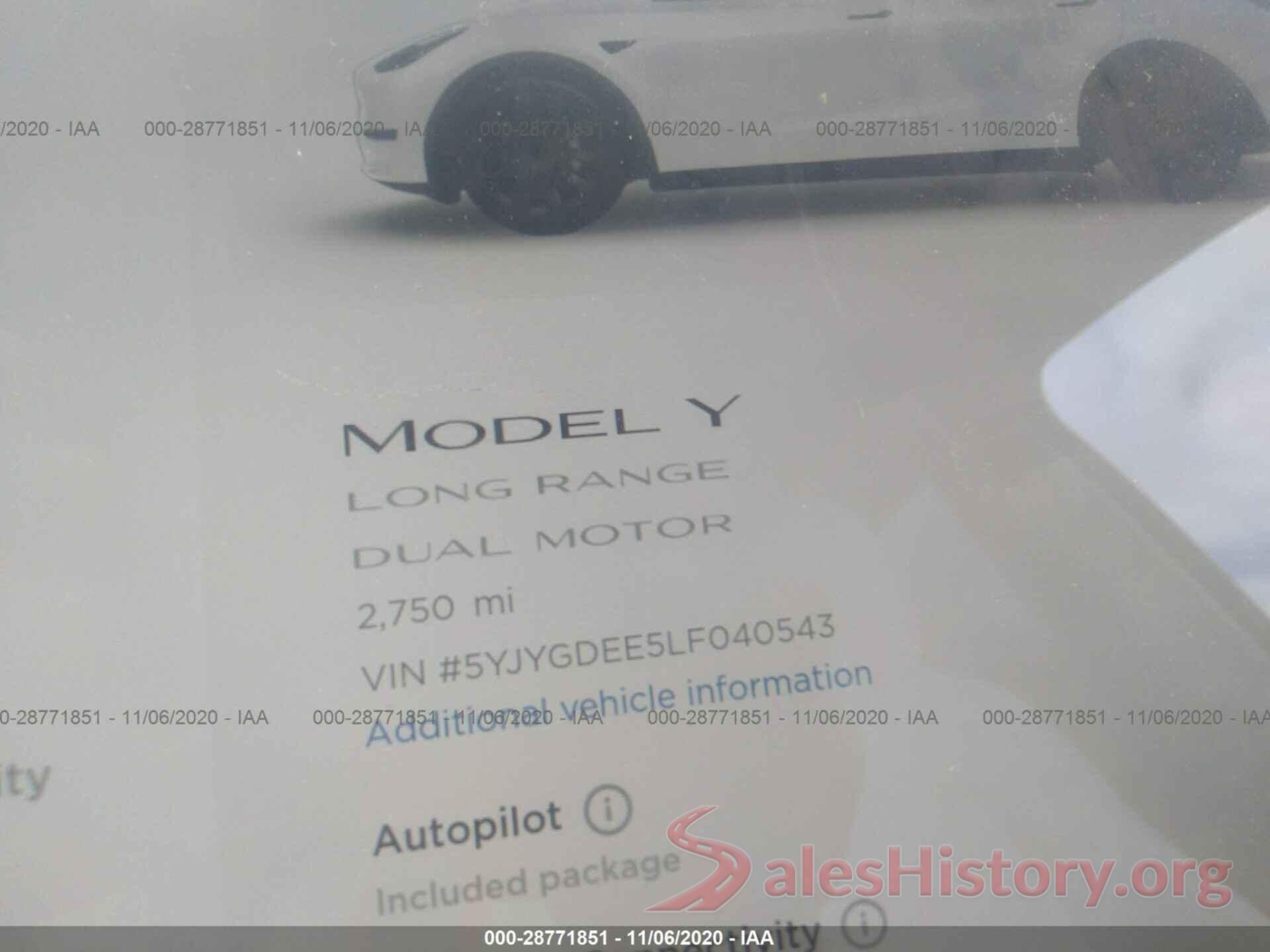 5YJYGDEE5LF040543 2020 TESLA MODEL Y