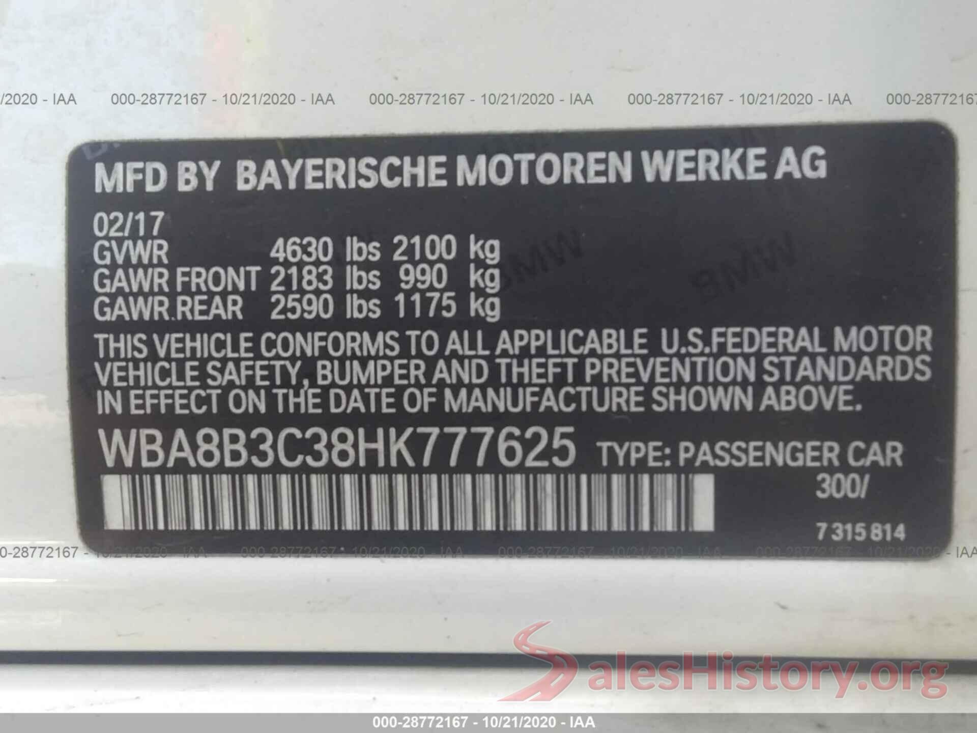 WBA8B3C38HK777625 2017 BMW 3 SERIES