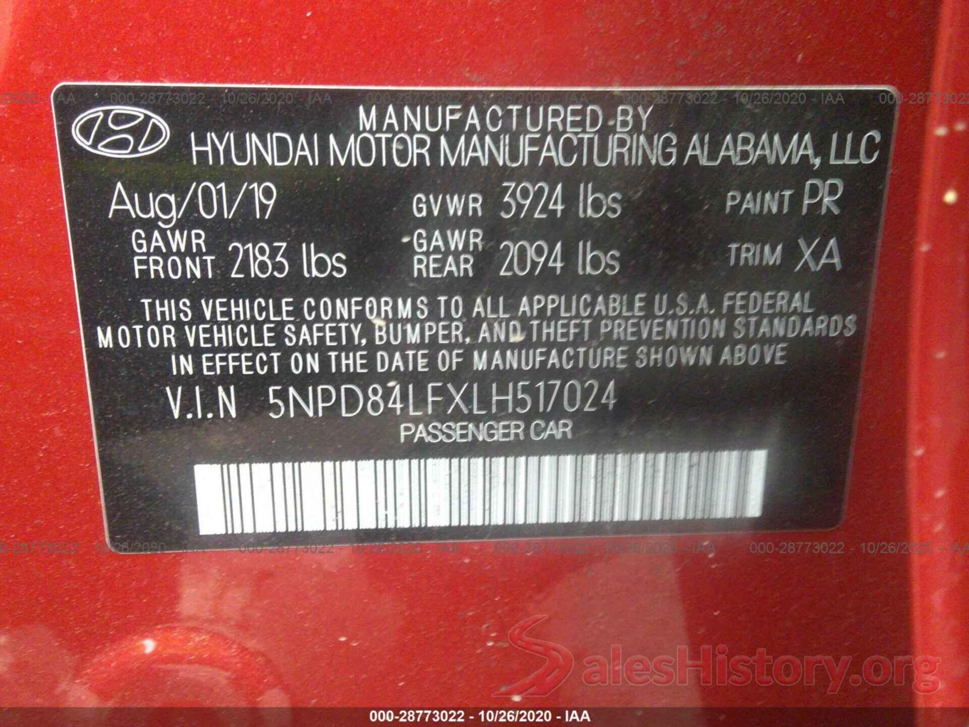 5NPD84LFXLH517024 2020 HYUNDAI ELANTRA