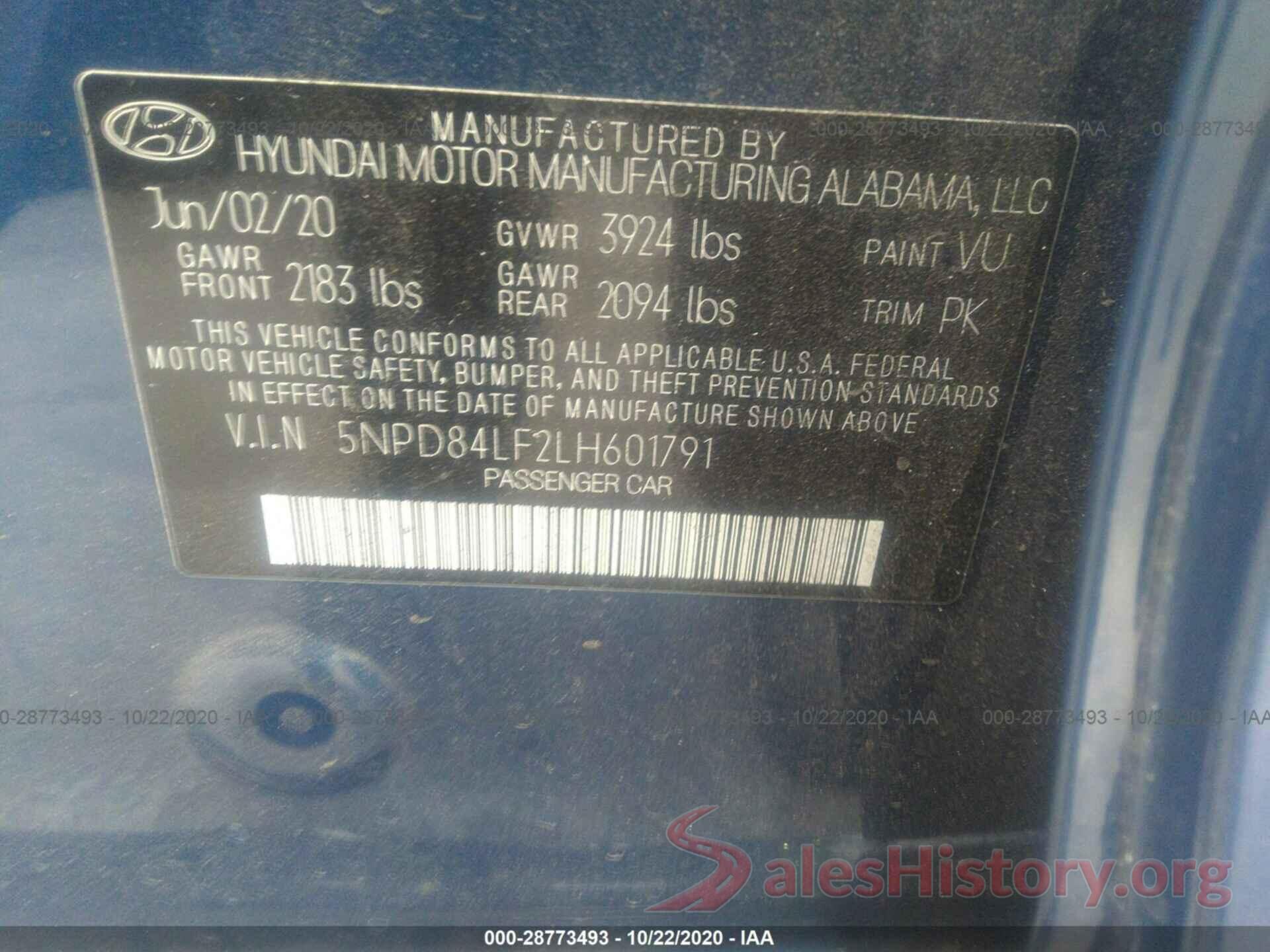 5NPD84LF2LH601791 2020 HYUNDAI ELANTRA